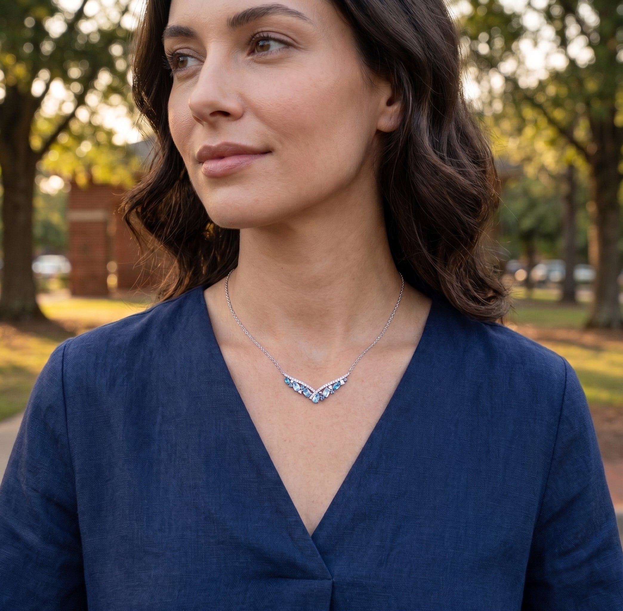 LeVian | Multi-Gemstone V Necklace | 14K White Gold | Diamond & Blue Topaz, Tanzanite, Sapphire | TTJN 8 - Brownee Jewelers