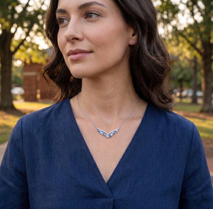 LeVian | Multi-Gemstone V Necklace | 14K White Gold | Diamond & Blue Topaz, Tanzanite, Sapphire | TTJN 8 - Brownee Jewelers
