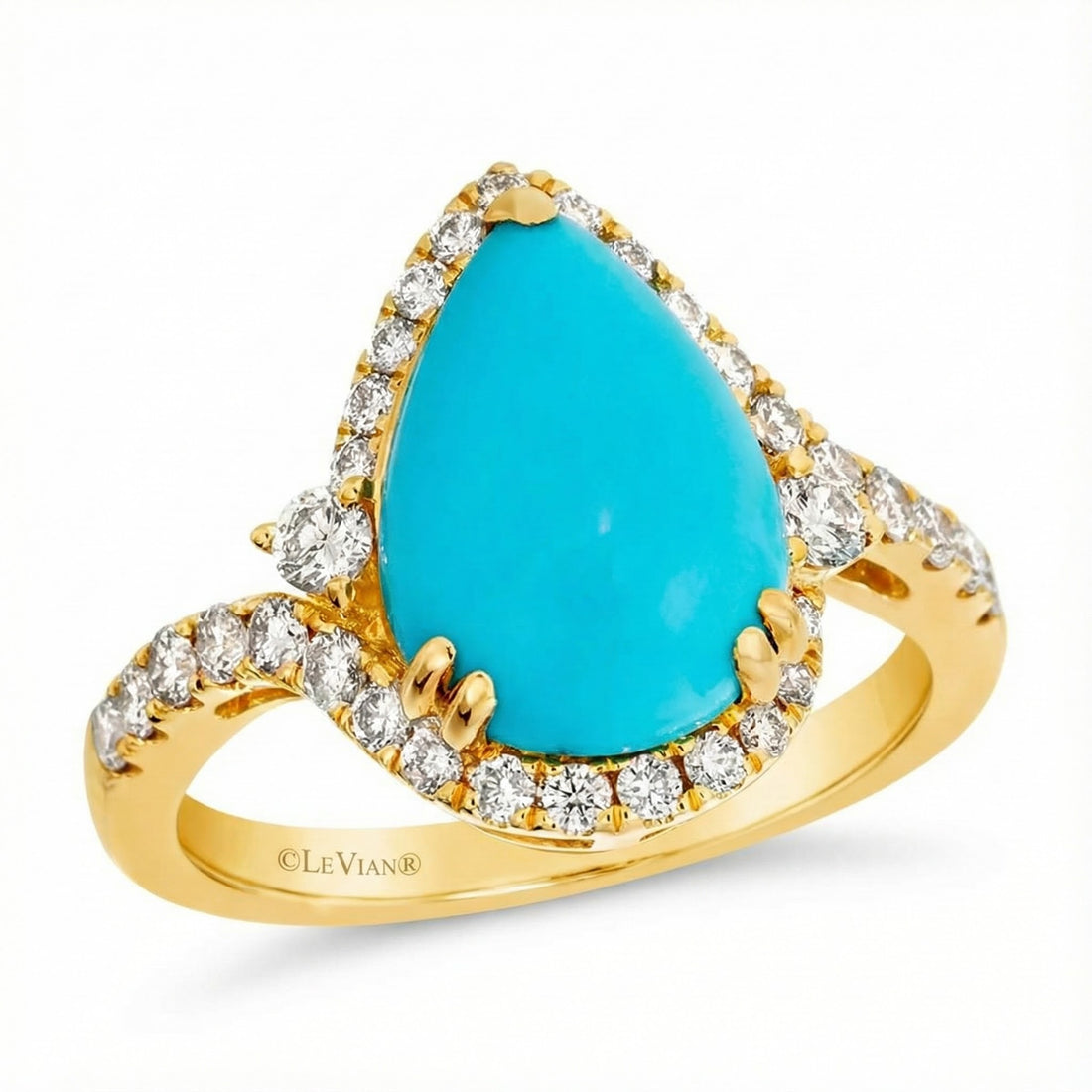 Pear-Shaped Turquoise & Diamond Halo Ring | 14K Yellow Gold | 3.82 ctw | Signature Halo - Brownee Jewelers