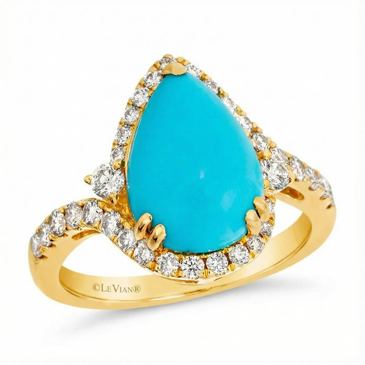 Pear-Shaped Turquoise & Diamond Halo Ring | 14K Yellow Gold | 3.82 ctw | Signature Halo - Brownee Jewelers