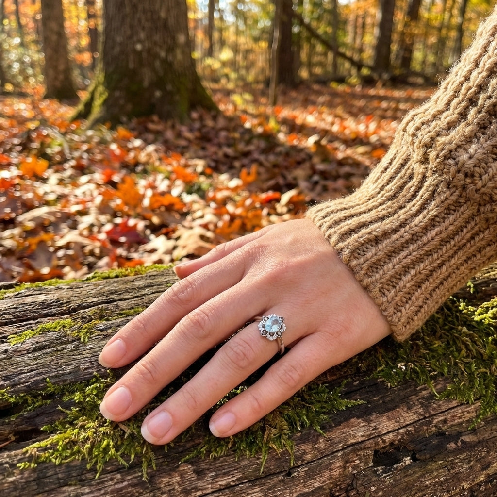 Oval Aquamarine Halo Ring | 14K White Gold | 1.20 ctw | Chocolate & Vanilla Diamonds® - Brownee Jewelers