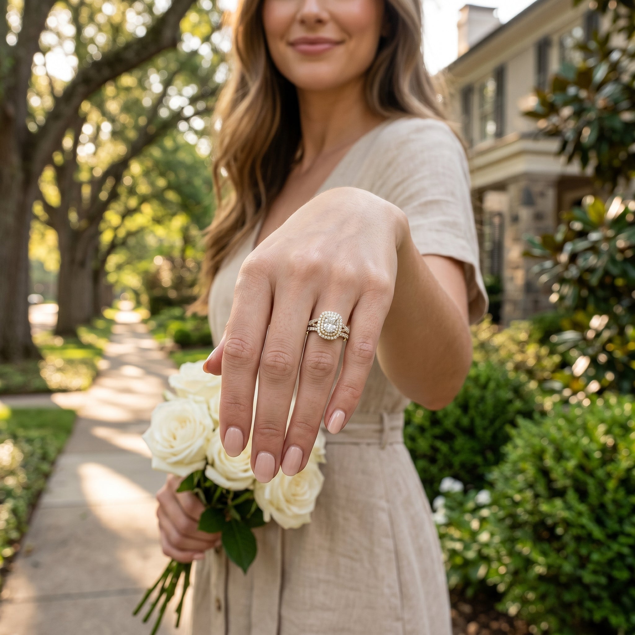 Cushion Cut Diamond Bridal Set | 14K Yellow Gold | Double Halo Diamond Engagement Ring Set | 0.66 CT Center - Brownee Jewelers