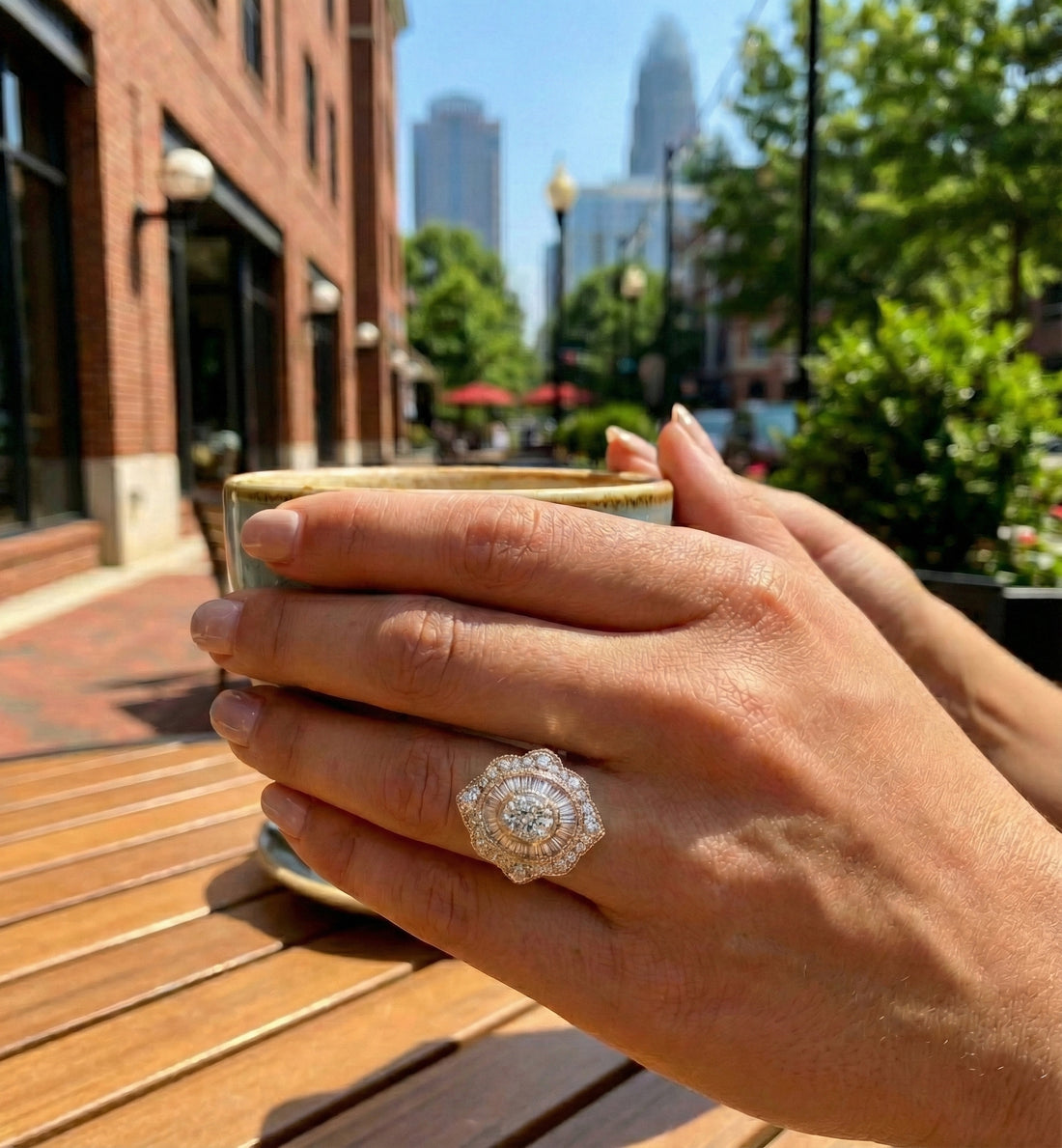 Round & Baguette Diamond Cluster Cocktail Ring | 14K Yellow Gold | Statement Ring - Brownee Jewelers