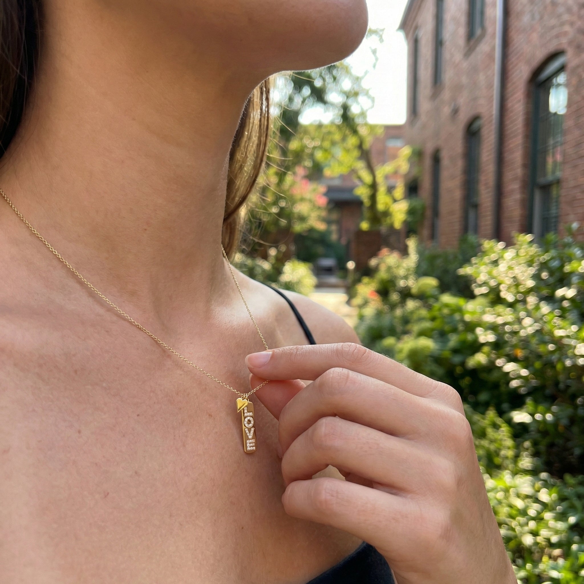 Diamond “LOVE” Tag Pendant Necklace | 14K Yellow Gold | Symbolic Diamond Necklace - Brownee Jewelers