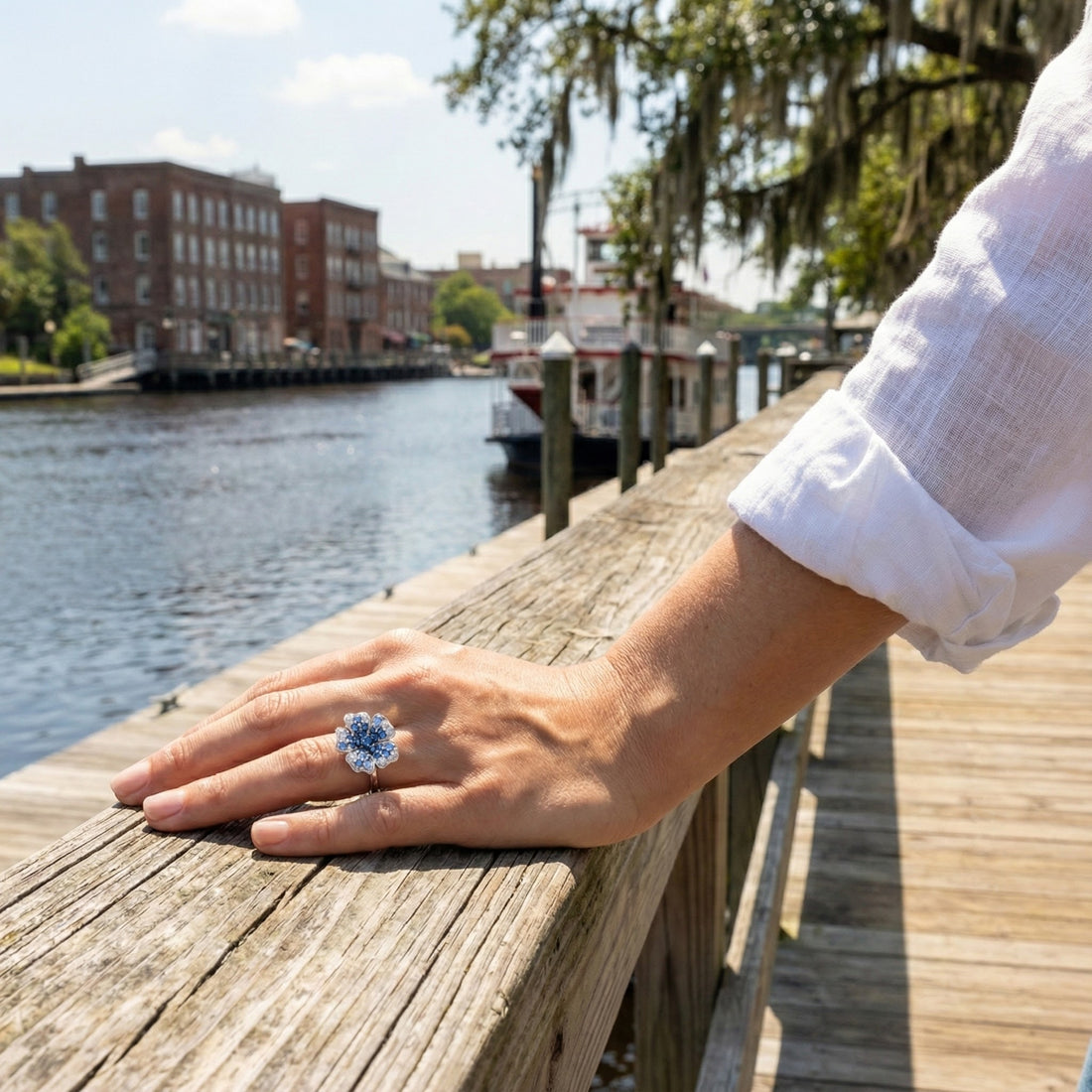 Denim Ombré® Sapphire Flower Ring | 14K White Gold | 1.39 ctw Blue & White Sapphires | Floral Ring - Brownee Jewelers