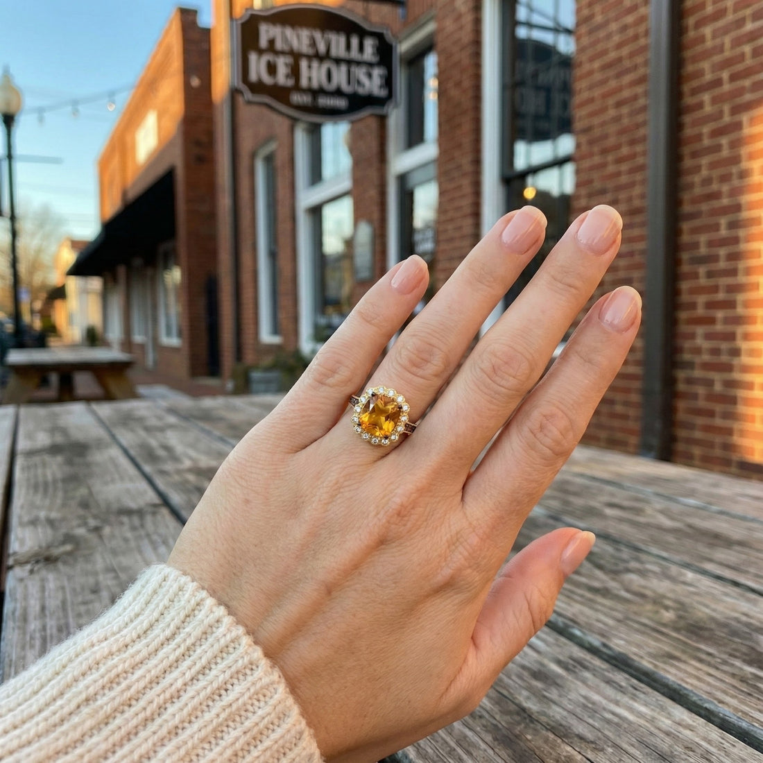 14K Yellow Gold Le Vian® Cinnamon Citrine® & Diamond Halo Ring This radiant Le Vian® ring showcases a vibrant cushion-cut Cinnamon Citrine® framed by a sparkling halo of white diamonds