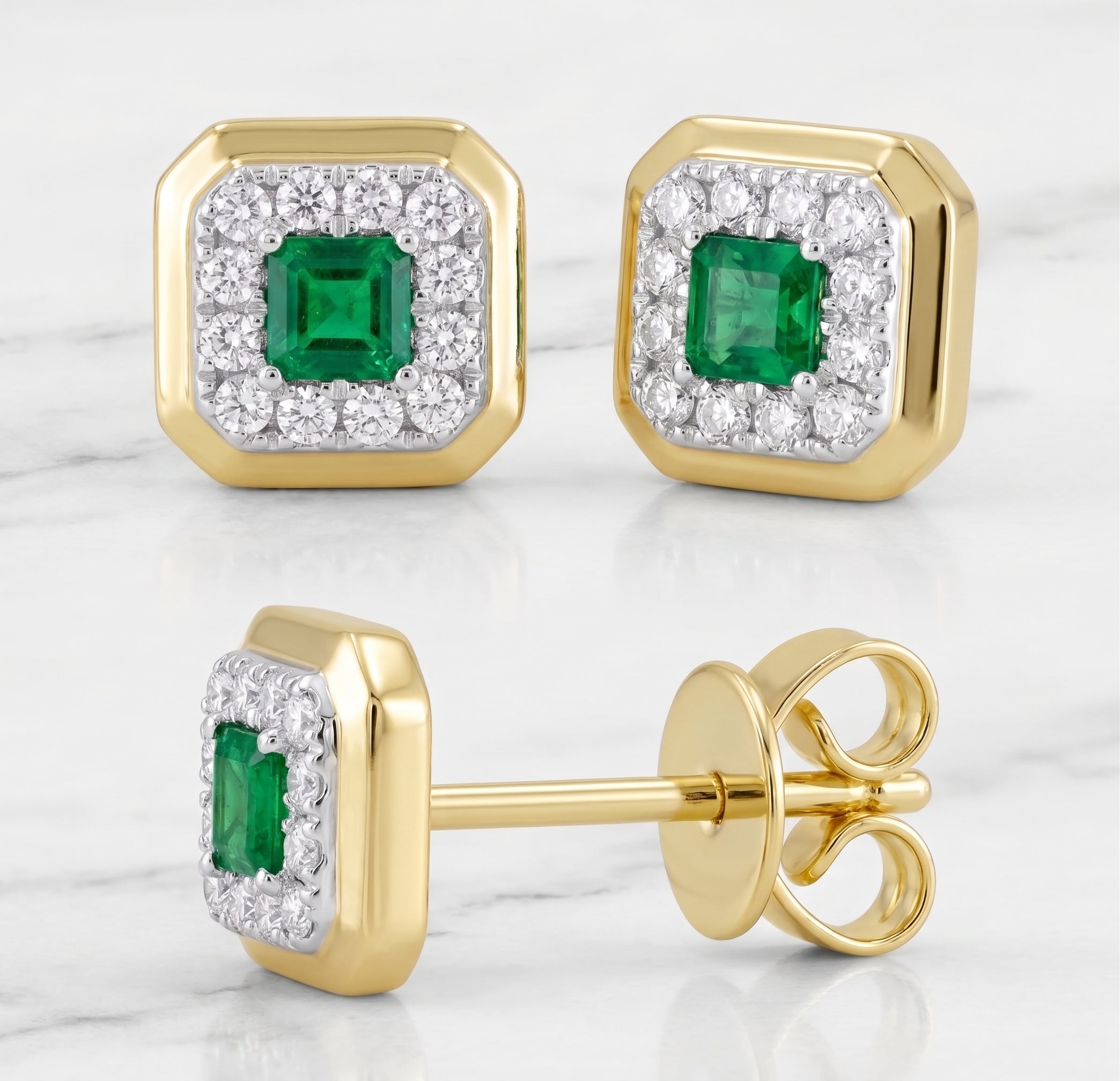 14KT YELLOW GOLD ASCHER CUT EMERALD SQUARE DIAMOND HALO STUD EARRINGS