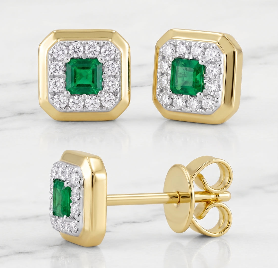 14KT YELLOW GOLD ASCHER CUT EMERALD SQUARE DIAMOND HALO STUD EARRINGS
