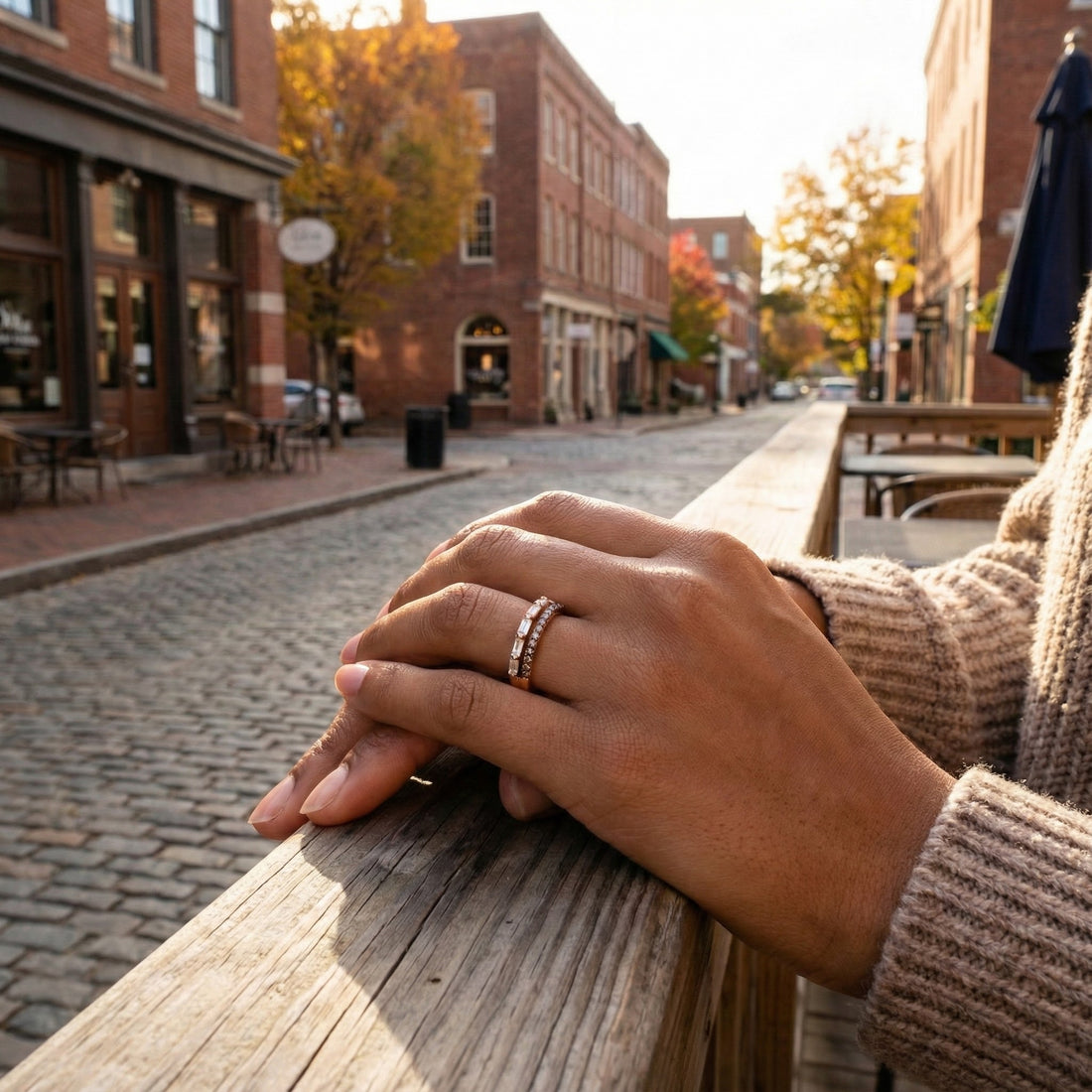 Round & Baguette Diamond Band | 14K Rose Gold | Chocolate & White Diamond Ring - Brownee Jewelers