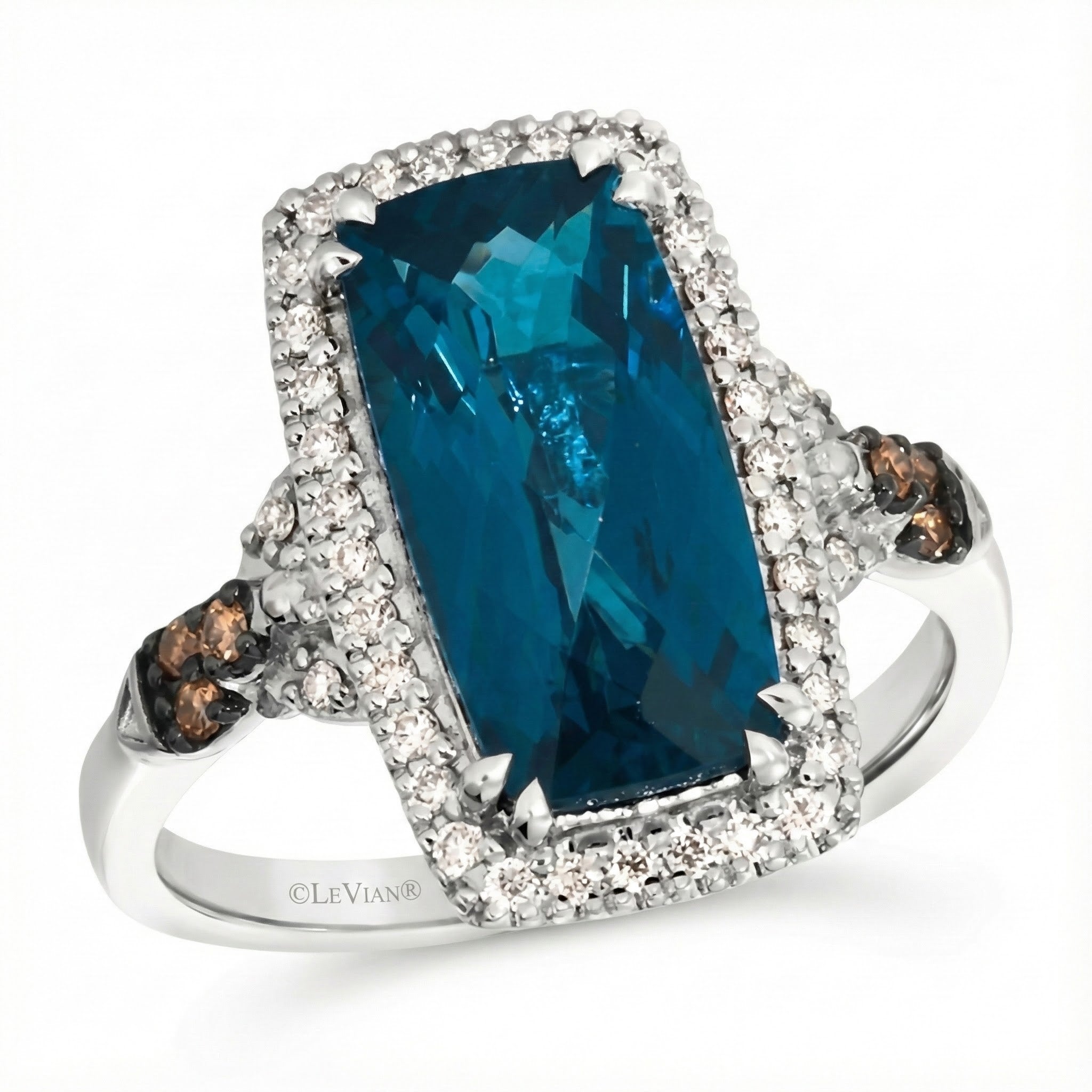 Deep Blue Topaz & Diamond Halo Ring | 14K White Gold | 4.35 ctw | Chocolate Diamond Accents - Brownee Jewelers