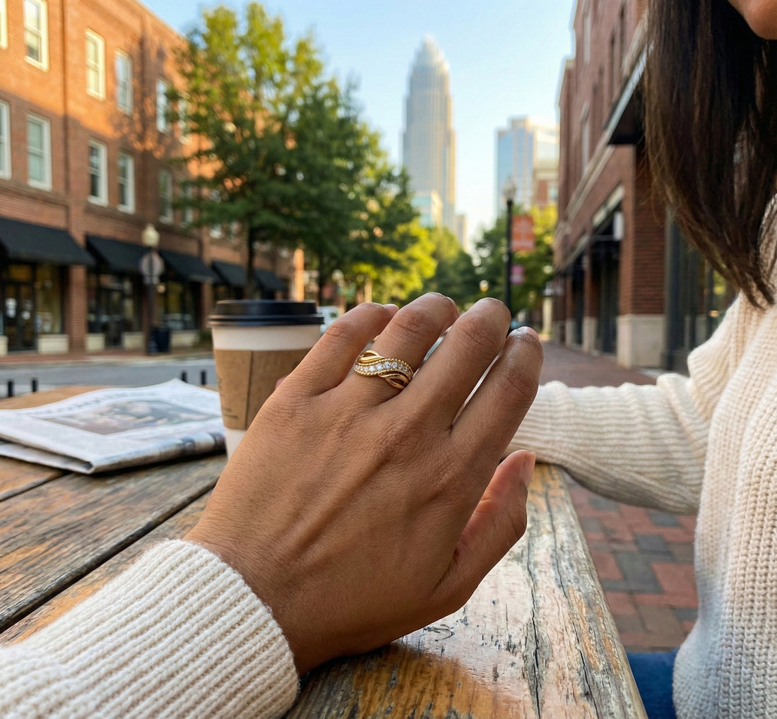 Diamond X Crossover Band | 10K Two-Tone Gold | 0.36 ctw Round Diamonds | Diagonal Pavé Statement Ring - Brownee Jewelers