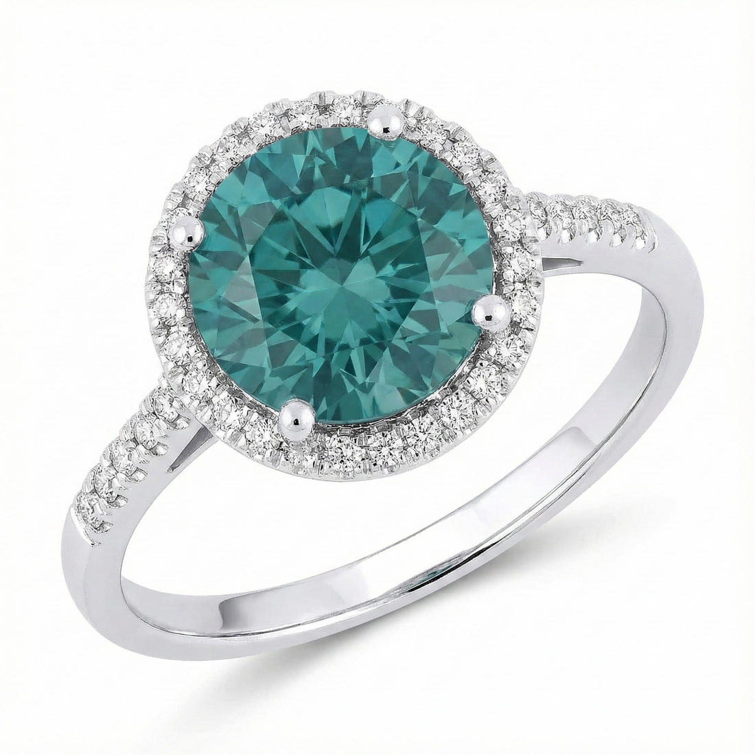 Madison L | Lab-Created Paraiba Tourmaline & Diamond Halo Ring | 14K White Gold | Round Gemstone Ring - Brownee Jewelers