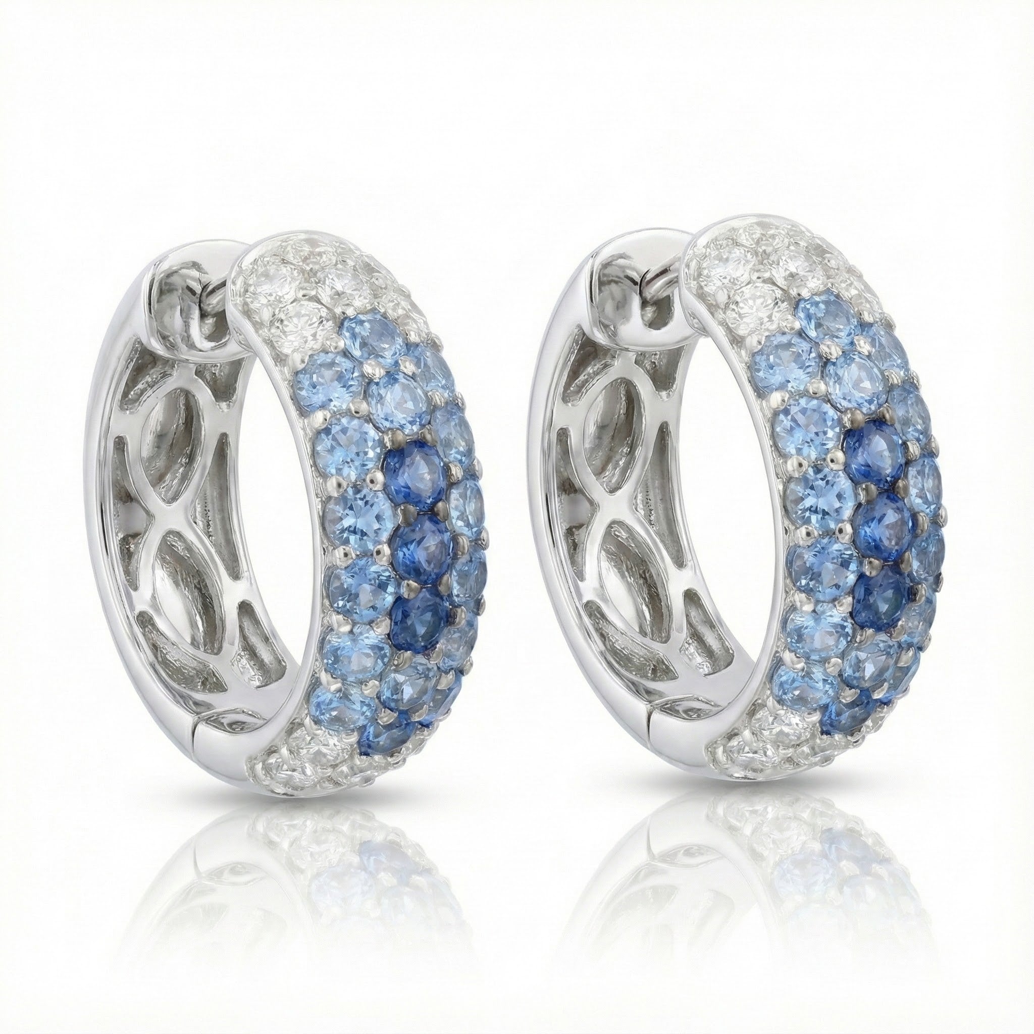 Denim Ombré® Sapphire Hoop Earrings | 14K White Gold | 2.90 ctw Blue & White Sapphires | Huggie Hoops - Brownee Jewelers