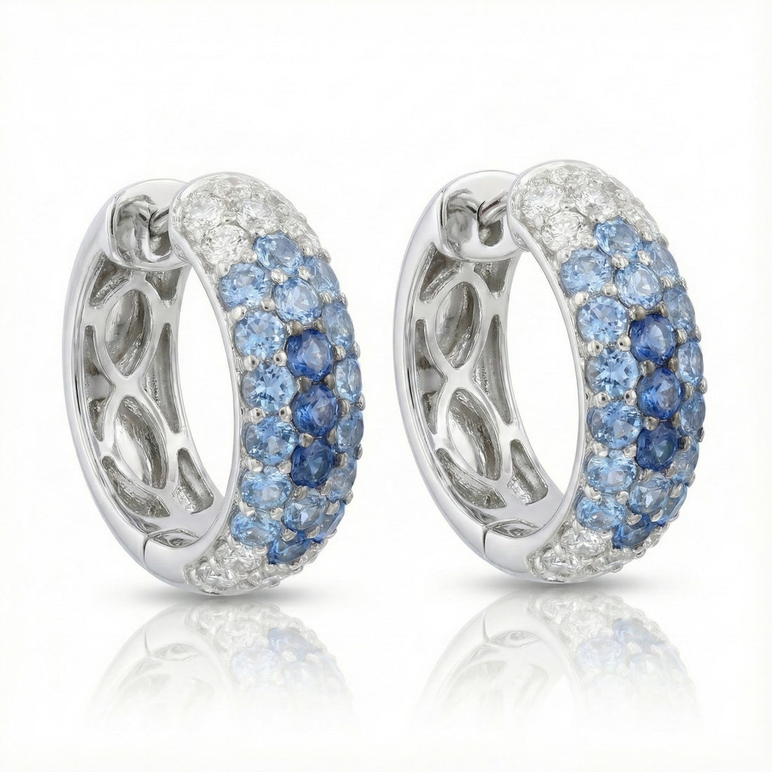 Denim Ombré® Sapphire Hoop Earrings | 14K White Gold | 2.90 ctw Blue & White Sapphires | Huggie Hoops - Brownee Jewelers