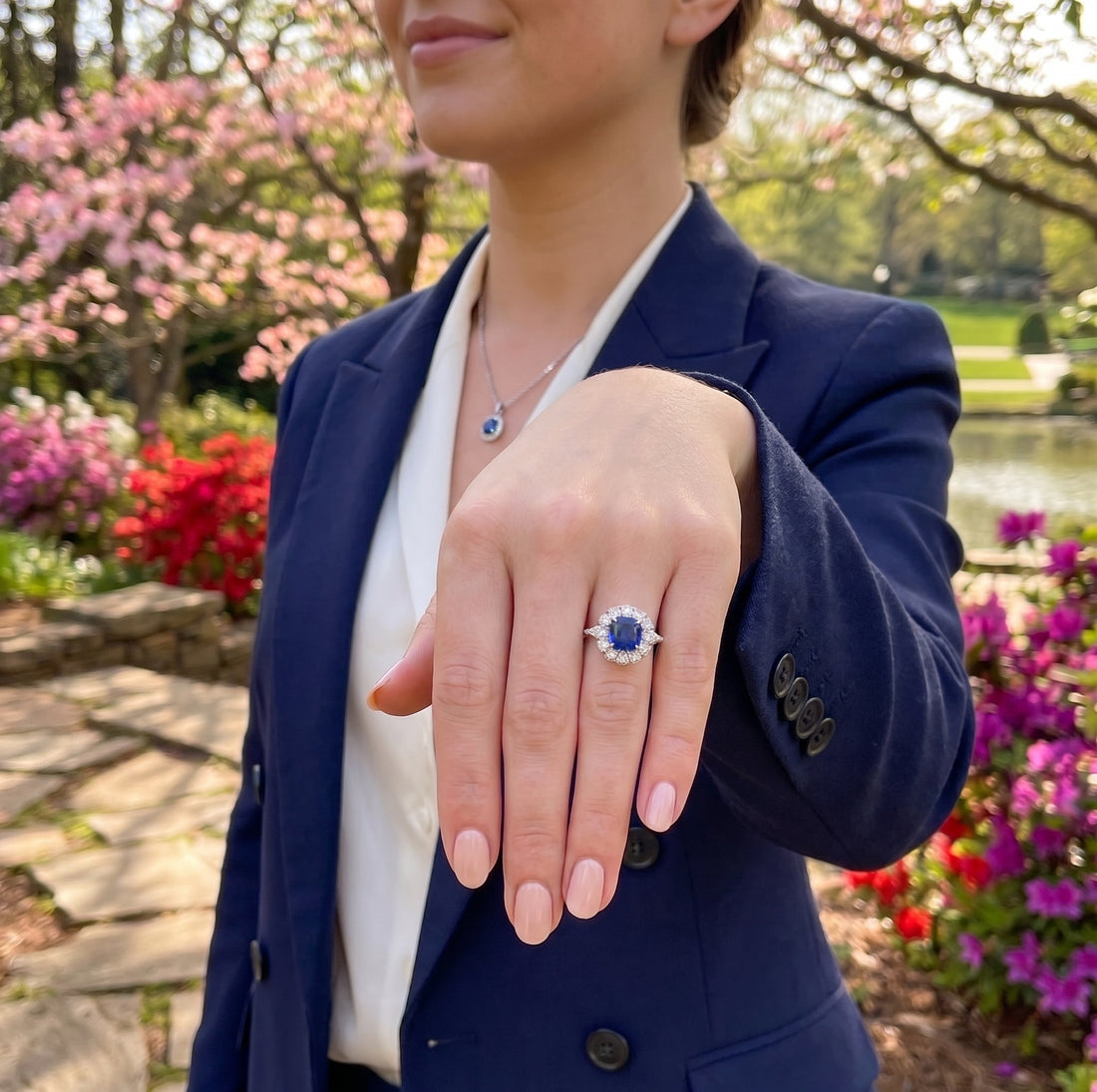 Cushion Blue Sapphire & Lab-Grown Diamond Halo Ring | 10K White Gold | 2.65 ctw | Halo Engagement Ring - Brownee Jewelers
