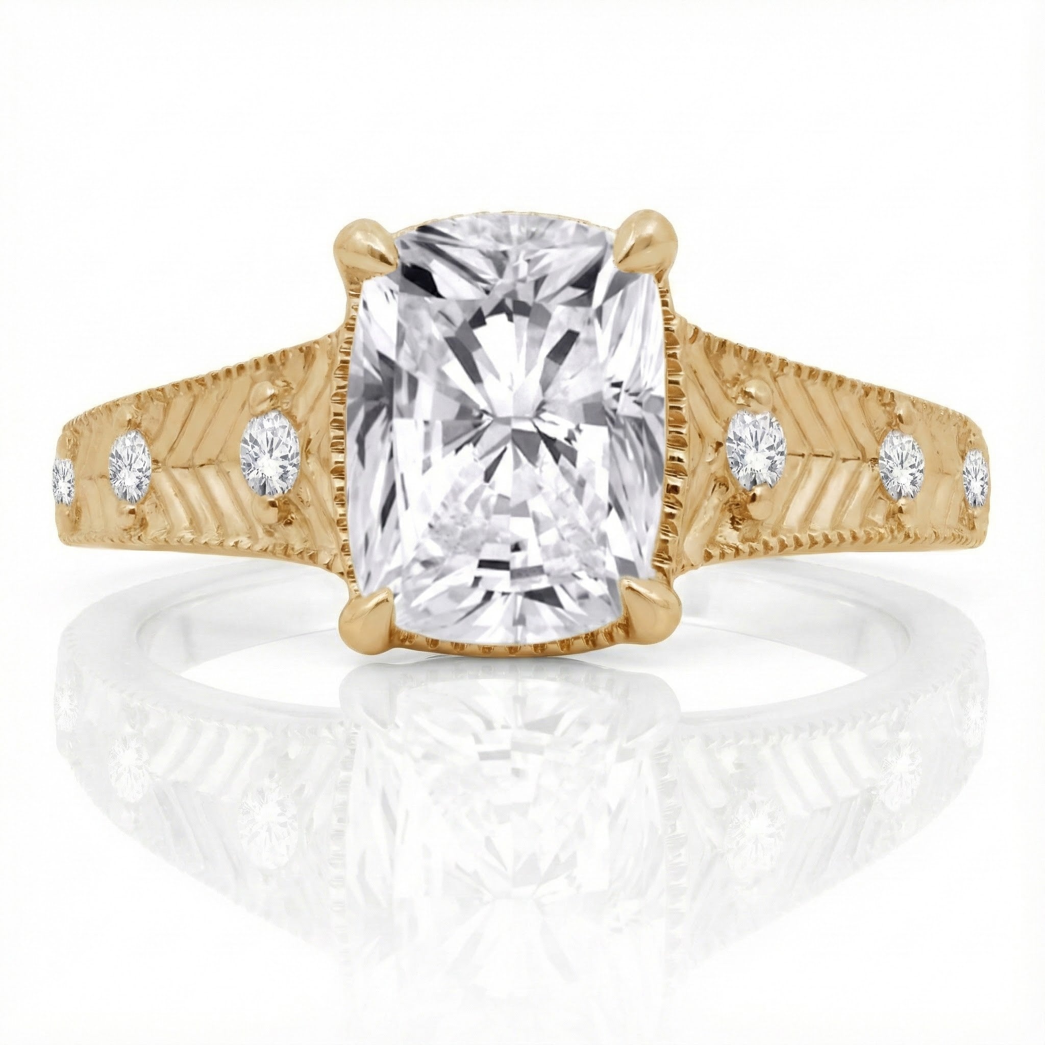 Taylor Swift Inspired 14K Yellow Gold 3.08ct Cushion-Cut Lab Diamond Ring (VS1/E) – 3.14cts TWT  Capture the magic, romance, and golden glow of a Taylor Swift–inspired engagement ring with this breathtaking 14K yellow gold design. 