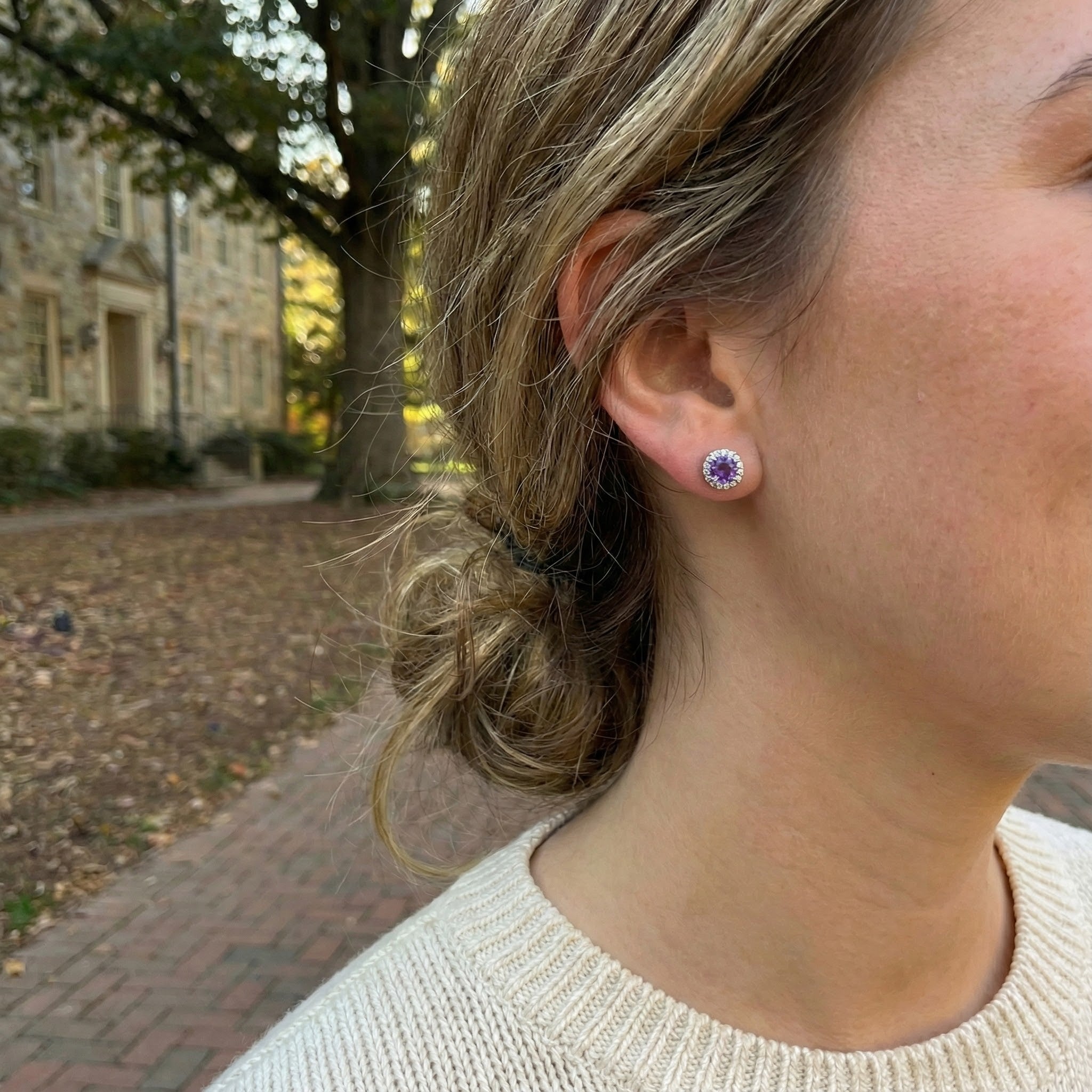 Madison L | Created Alexandrite & Diamond Halo Stud Earrings | 14K White Gold | Round Alexandrite | Diamond Accents - Brownee Jewelers