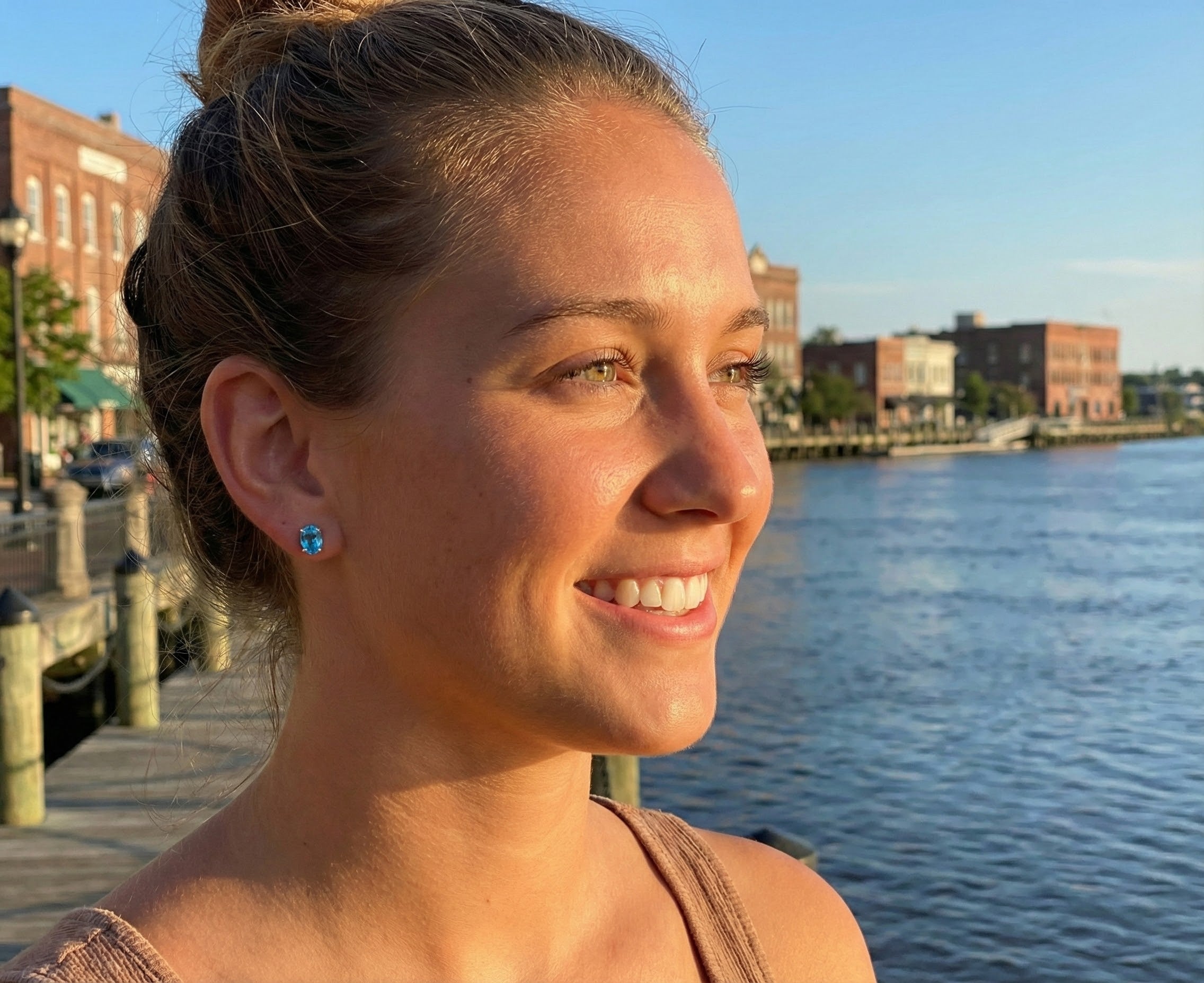 Oval Blue Topaz Stud Earrings | 14K White Gold | 7×5 mm | Push Back | - Brownee Jewelers