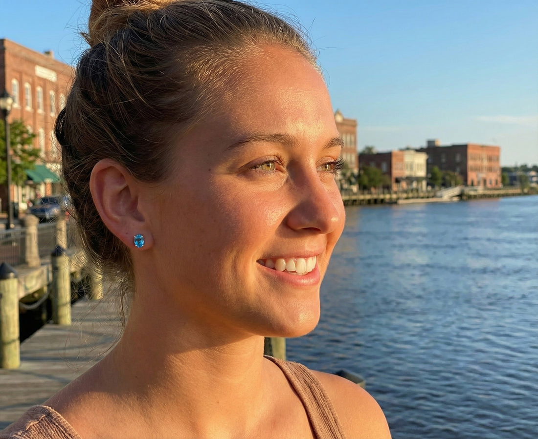 Oval Blue Topaz Stud Earrings | 14K White Gold | 7×5 mm | Push Back | - Brownee Jewelers