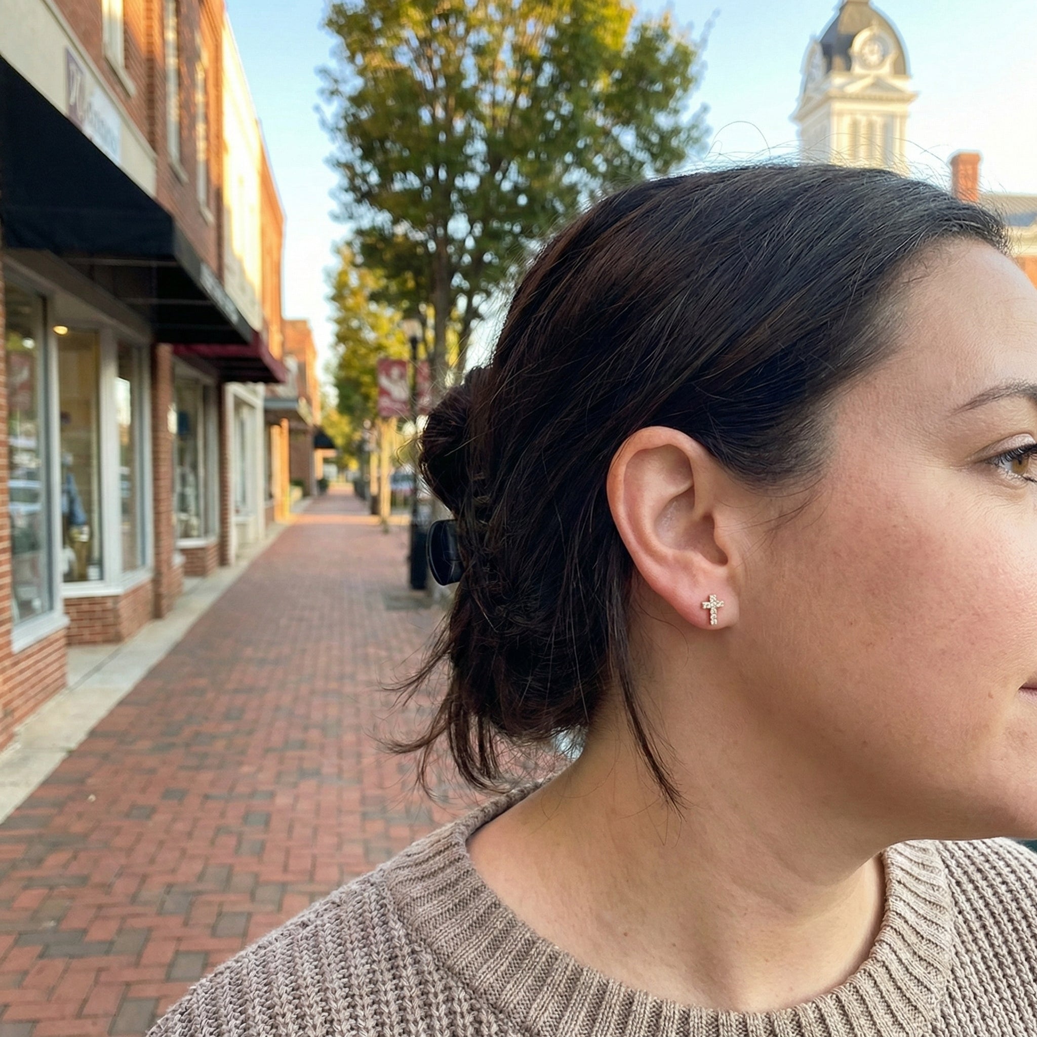 Small Cross Stud Earrings | 14K Gold Plated Sterling Silver | Pavé White Stones | Religious Studs - Brownee Jewelers