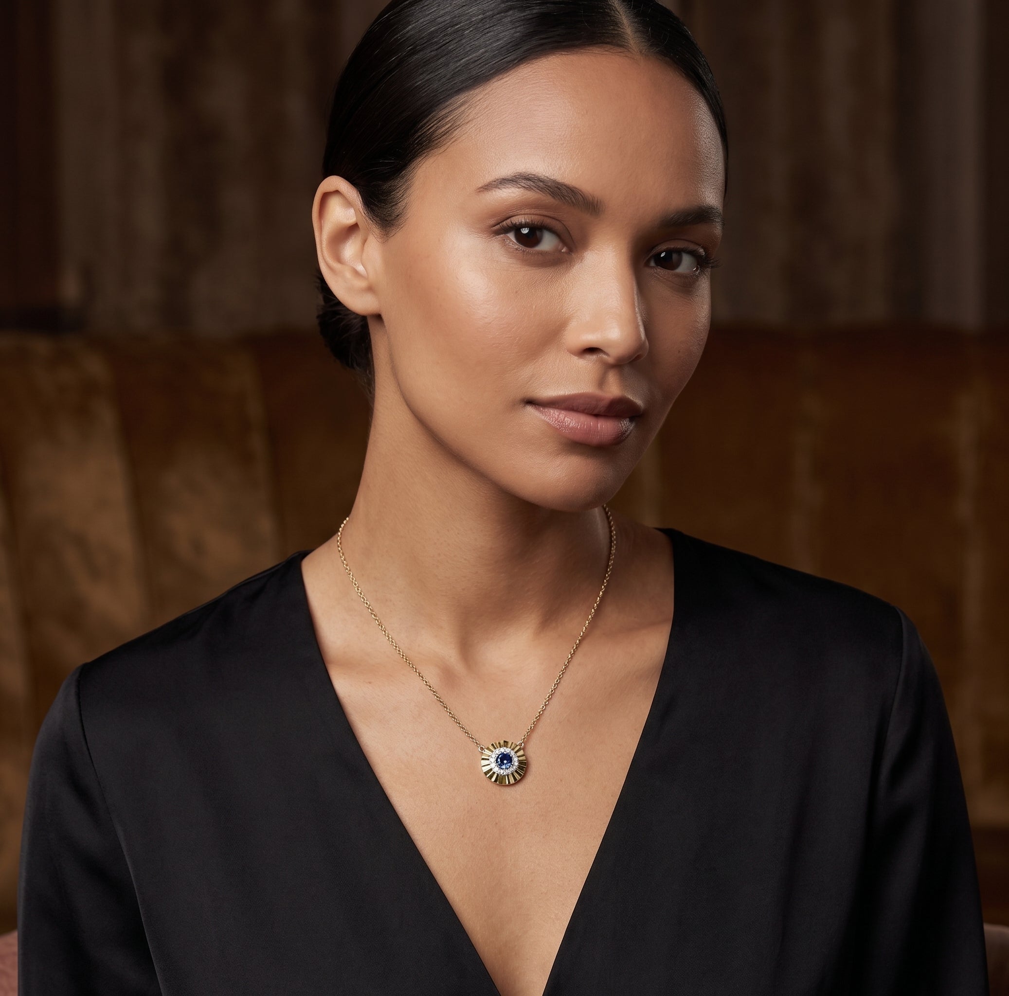 14KT YELLOW GOLD SAPPHIRE AND DIAMOND NECKLACE 