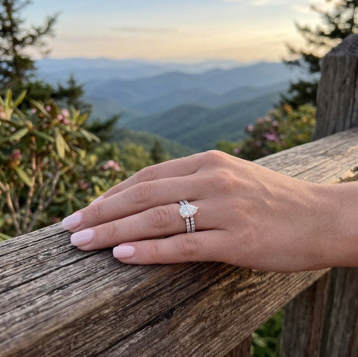 Pear Lab-Grown Diamond Bridal Ring Set | 14K White Gold | 1.53 ct Center with Round Accents | Pavé Engagement Ring & Band - Brownee Jewelers