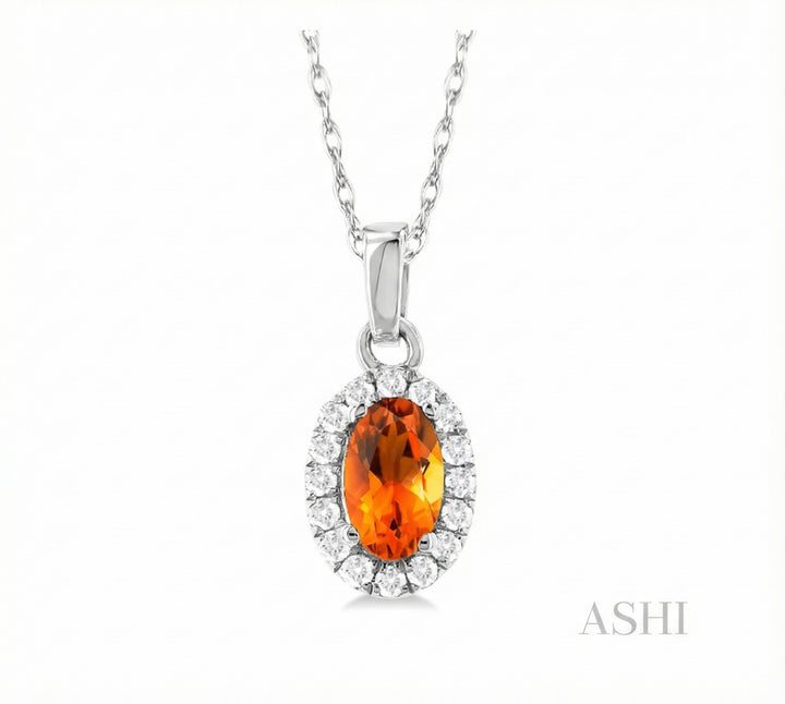Citrine & Diamond Halo Pendant, 0.07 ctw | 10K White Gold | 5×3 mm | - Brownee Jewelers