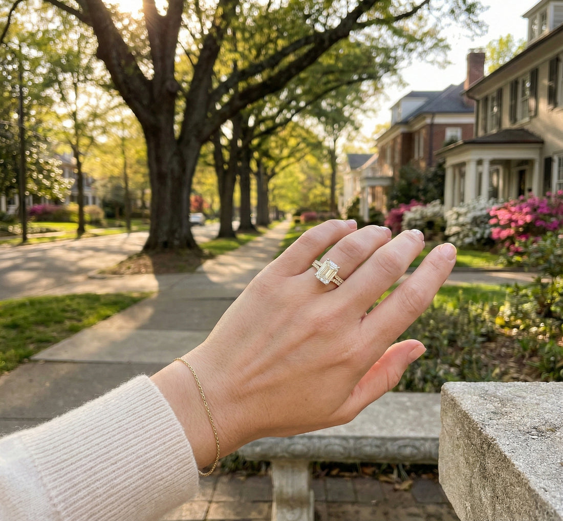 Emerald-Cut Lab-Grown Diamond Engagement Ring | 14K Yellow Gold | Approx. 4 ct Center VS2 F | Pavé Diamond Band - Brownee Jewelers