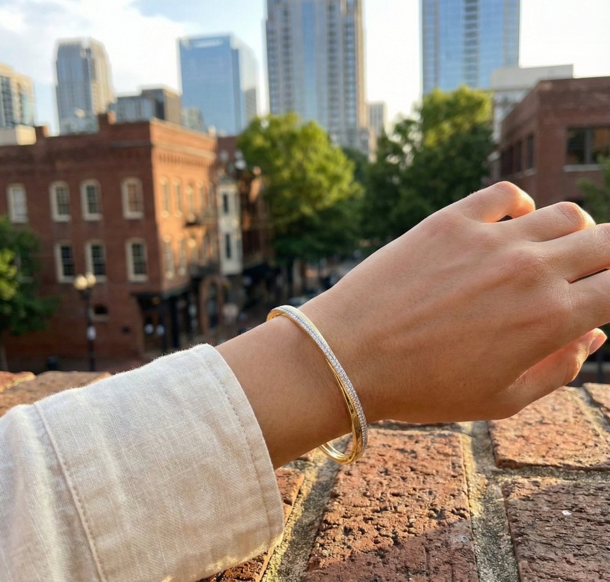 Diamond Overlap Bangle Bracelet | 14K Yellow Gold | Sleek Pavé Accent Bracelet - Brownee Jewelers