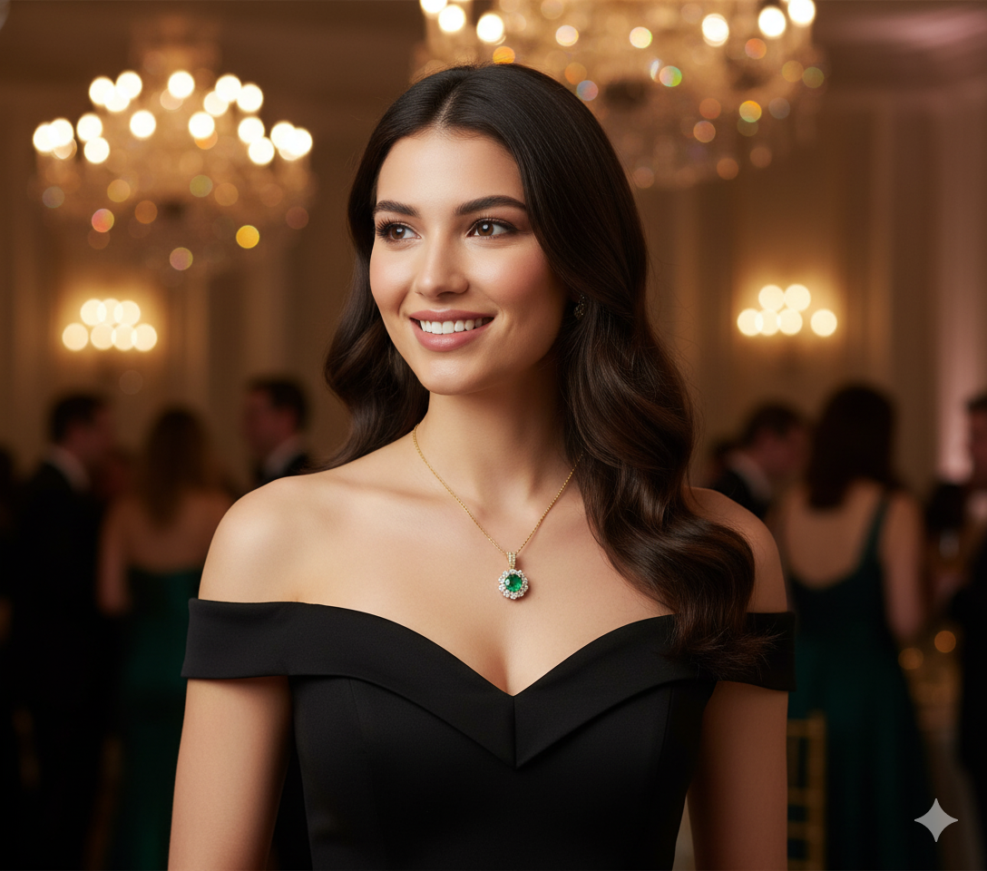 18K Yellow Gold .69ct Emerald & .64ct Diamond Halo Pendant