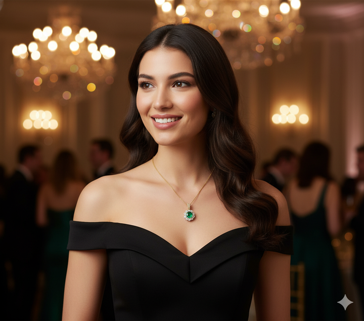 18K Yellow Gold .69ct Emerald & .64ct Diamond Halo Pendant