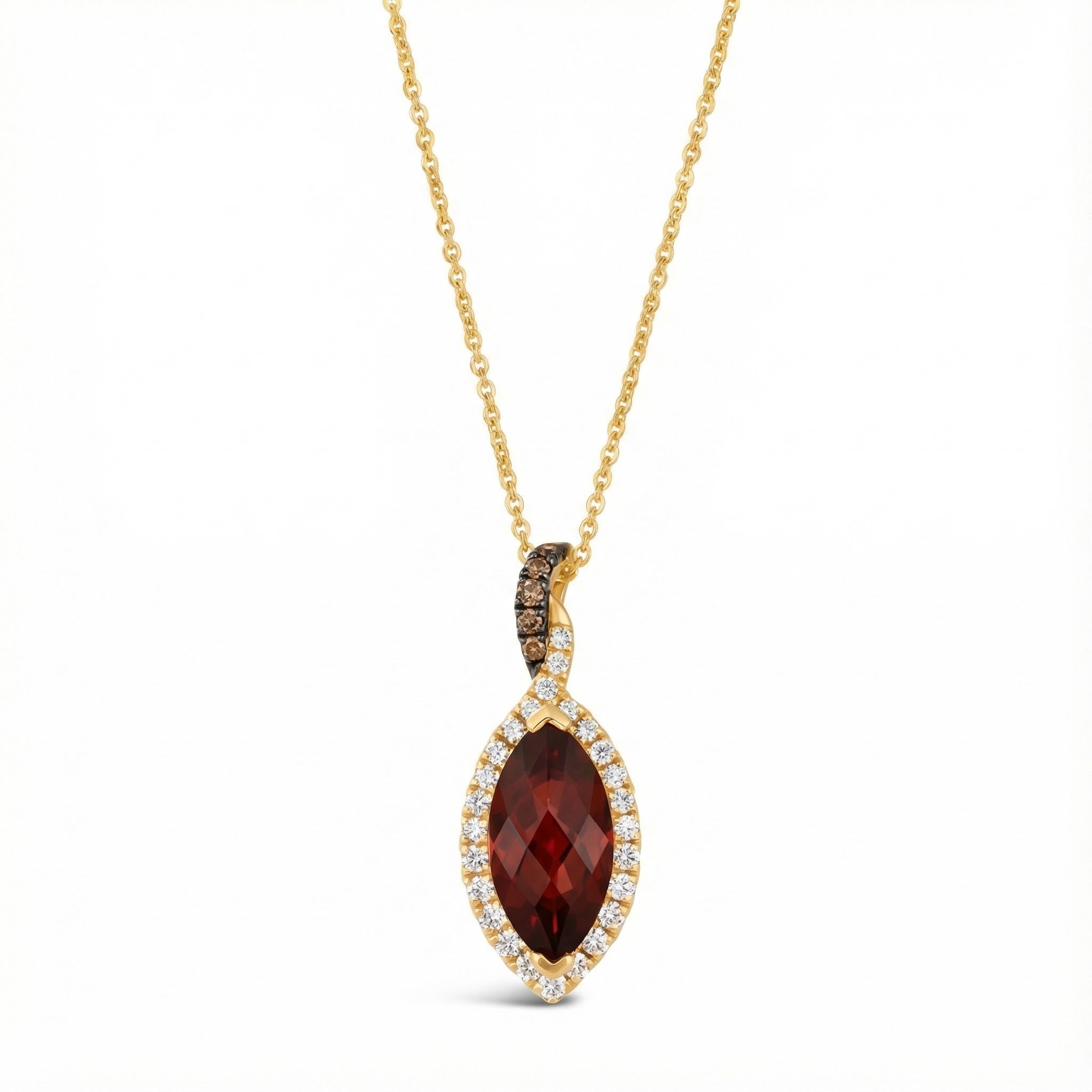 Le Vian® Pomegranate Garnet™ & Diamond Pendant in 14K Honey Gold™ Rich, vibrant, and irresistibly elegant — this Le Vian® pendant showcases a stunning 2 ct. Pomegranate Garnet™, cut in a marquise shape to maximize its deep red glow