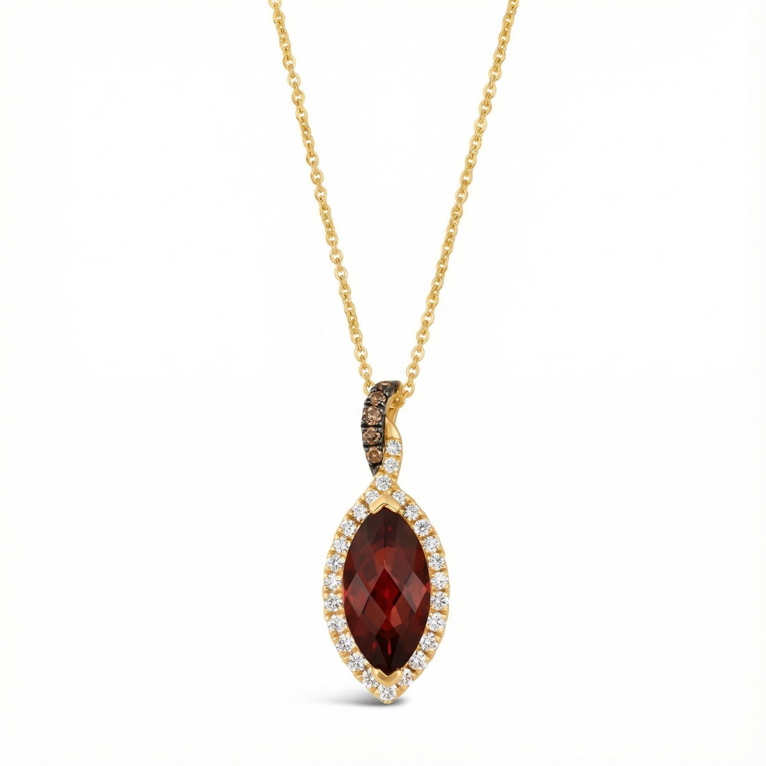 Le Vian® Pomegranate Garnet™ & Diamond Pendant in 14K Honey Gold™ Rich, vibrant, and irresistibly elegant — this Le Vian® pendant showcases a stunning 2 ct. Pomegranate Garnet™, cut in a marquise shape to maximize its deep red glow