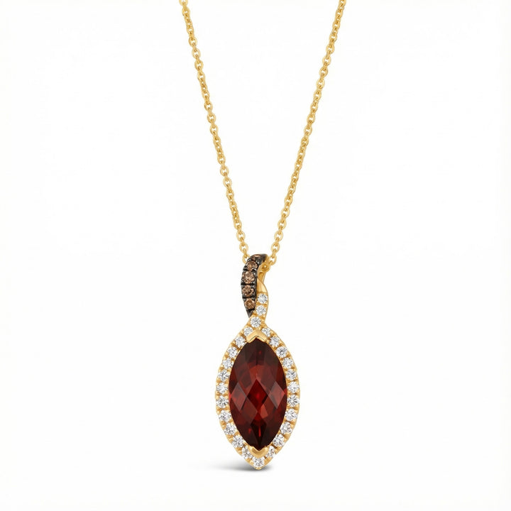 Le Vian® Pomegranate Garnet™ & Diamond Pendant in 14K Honey Gold™ Rich, vibrant, and irresistibly elegant — this Le Vian® pendant showcases a stunning 2 ct. Pomegranate Garnet™, cut in a marquise shape to maximize its deep red glow