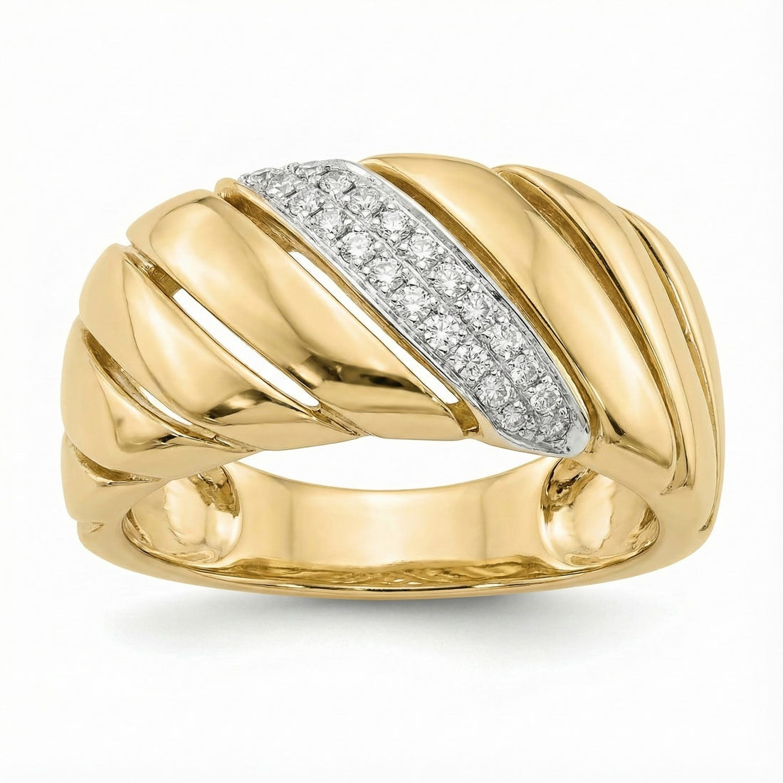 Le Vian® 14K Honey Gold™ Vanilla Diamond® Swirl Ring (0.15ctw) Sleek, sculptural, and effortlessly elegant—this Le Vian® ring features 1/6 cts. of shimmering Vanilla Diamonds® set within a polished, flowing swirl of 14K Honey Gold™