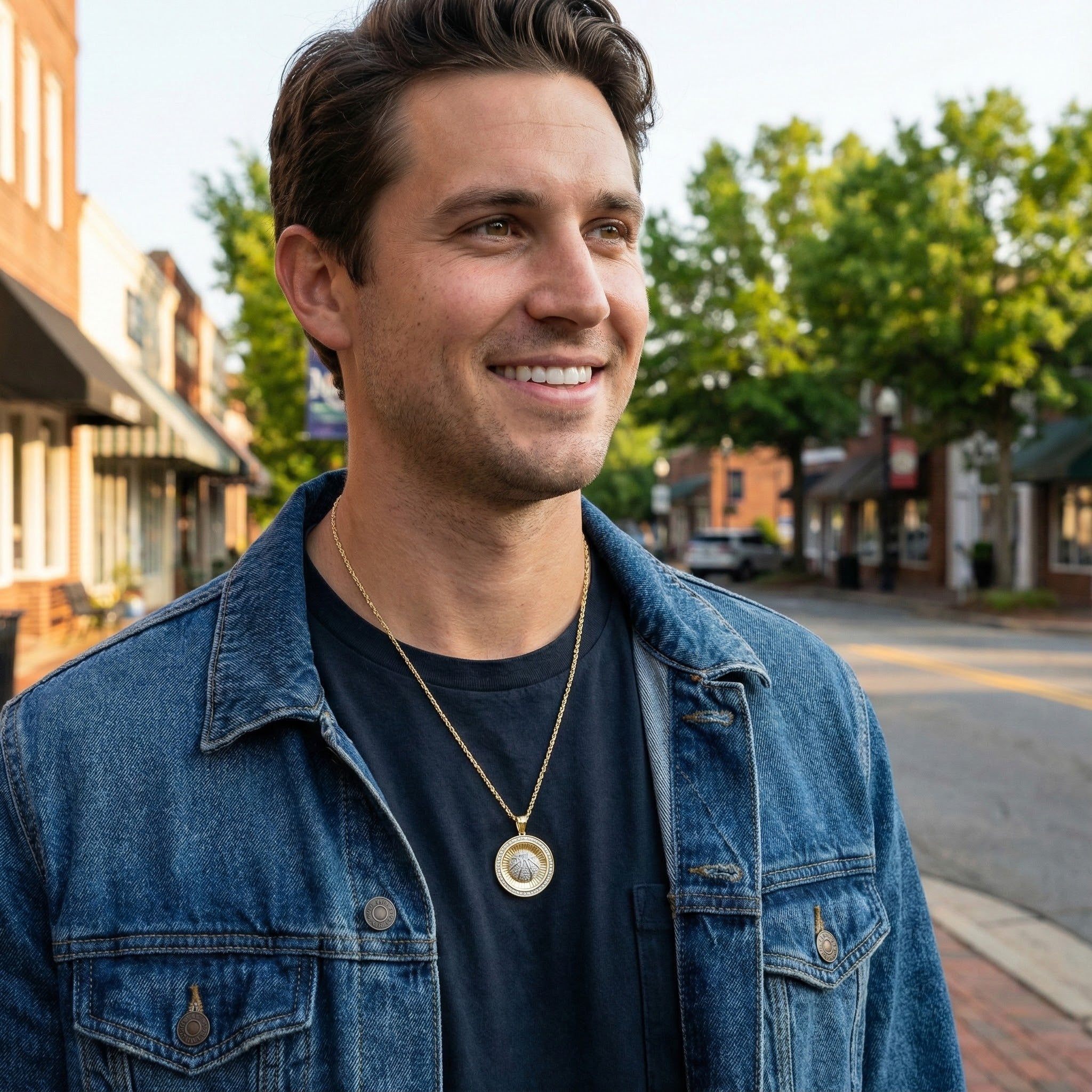 Diamond Basketball Circle Pendant | 10K Yellow Gold | Pavé Set | Round Medallion Design - Brownee Jewelers