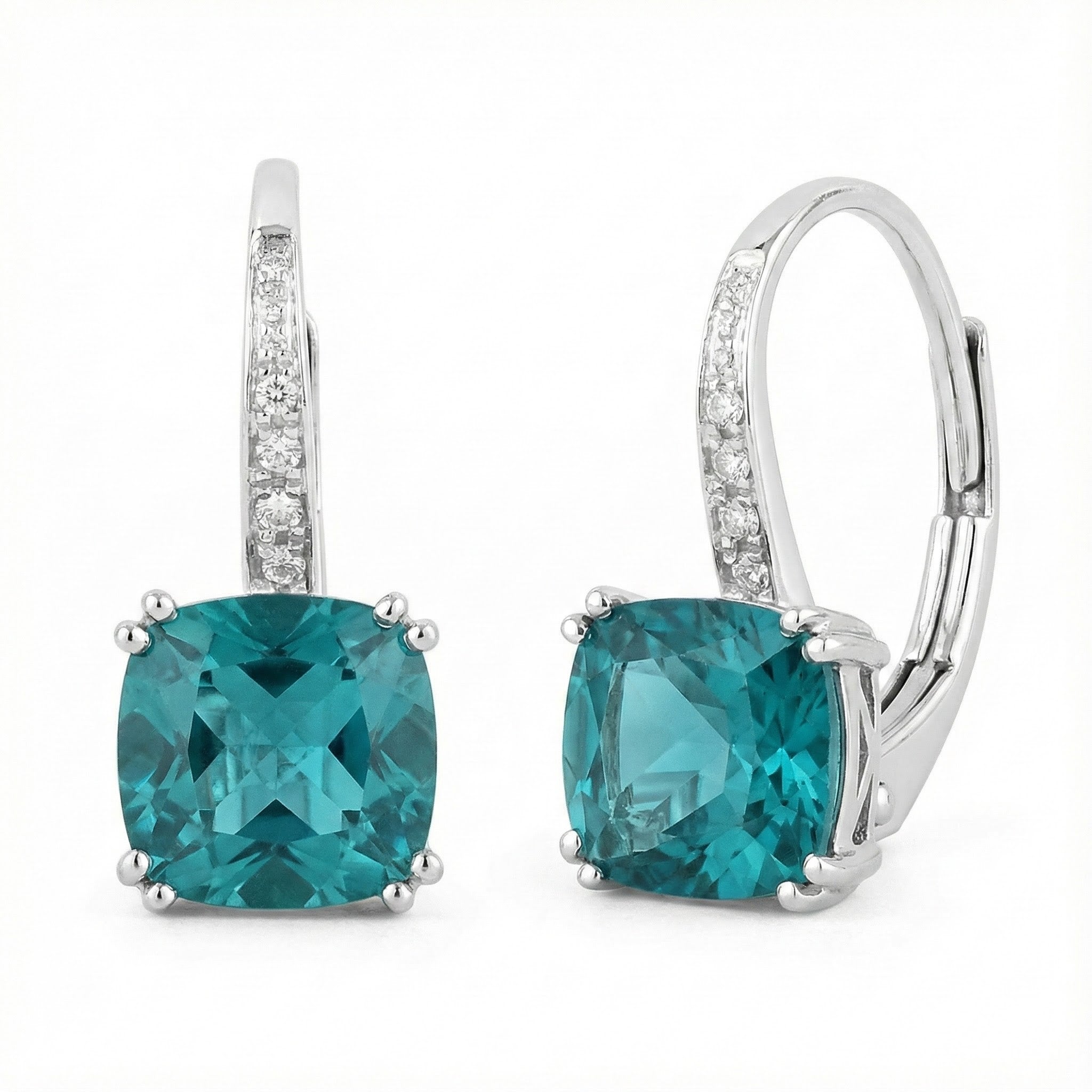 Madison L | Created Paraiba Sapphire Diamond Leverback Earrings | Cushion Cut | 14K White Gold - Brownee Jewelers