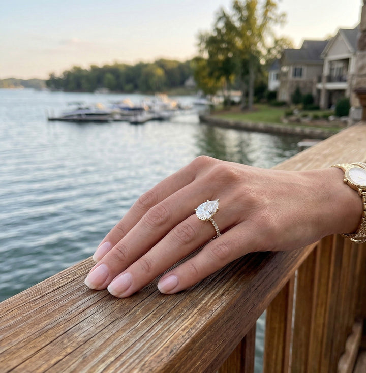 Lab-Grown Pear Diamond Engagement Ring | 14K Yellow Gold | 4.00 ct Pear Center | Pavé Diamond Band - Brownee Jewelers