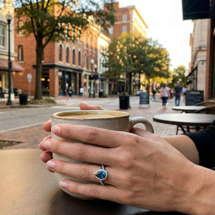 Pear Blue Topaz & Diamond Halo Ring | 14K White Gold | Chocolate Diamond Accents - Brownee Jewelers