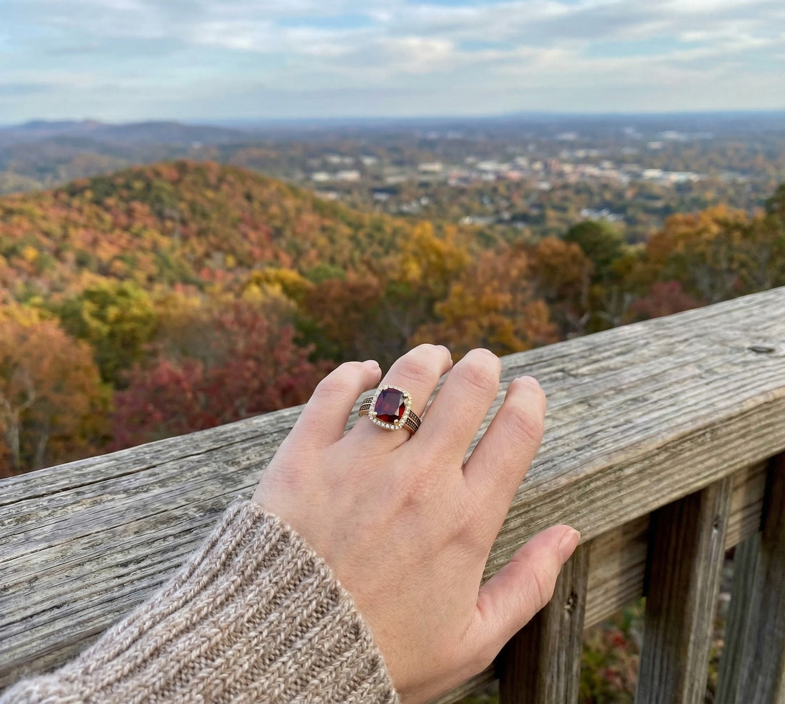 Le Vian® Pomegranate Garnet™ & Diamond Ring – 14K Honey Gold™ Bold and irresistibly rich, this striking ring by Le Vian features a dramatic cushion-cut Pomegranate Garnet™ glowing with deep crimson intensity