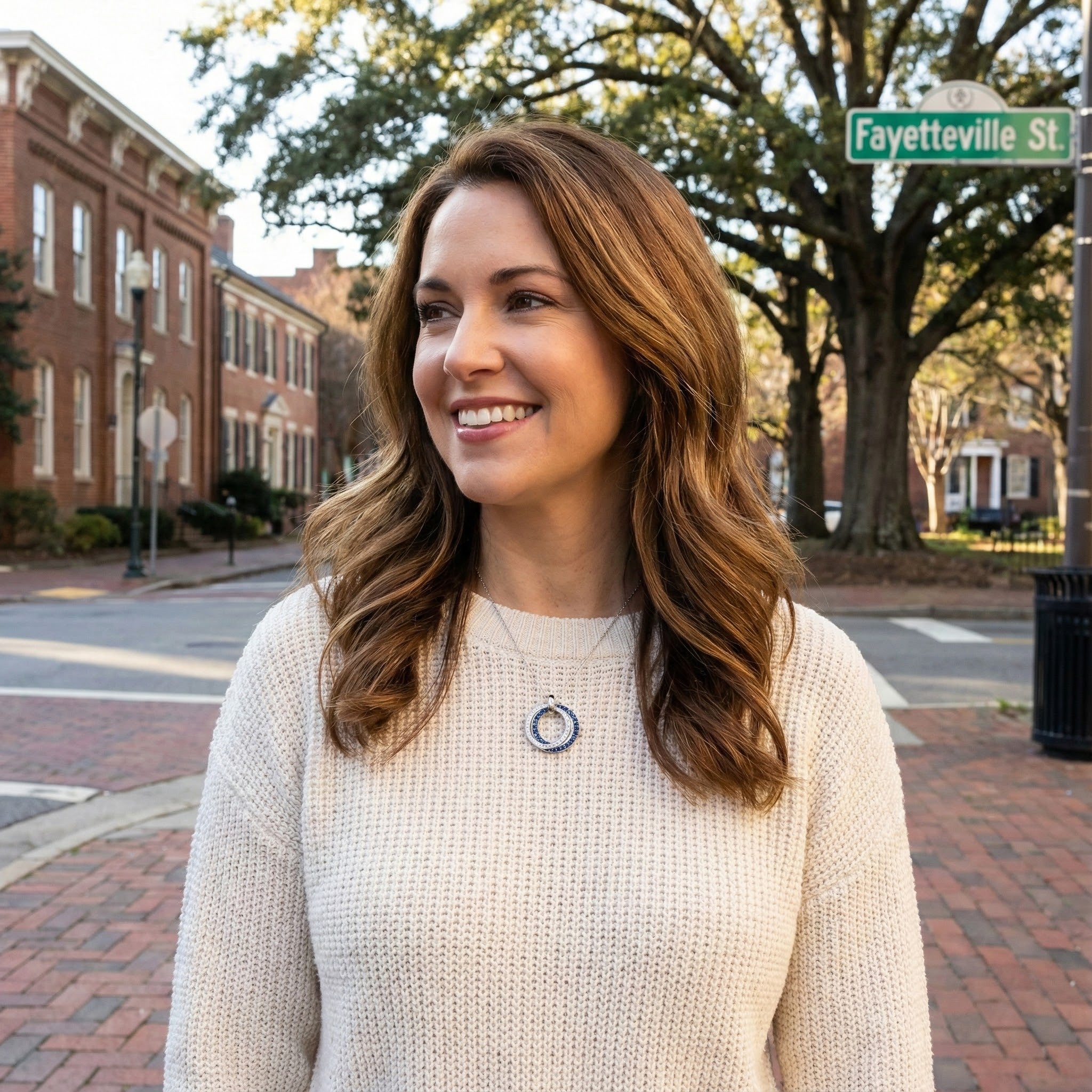 Blue Sapphire & Diamond Interlocking Circle Pendant | 14K White Gold | 0.79 ctw | Double Halo Design - Brownee Jewelers
