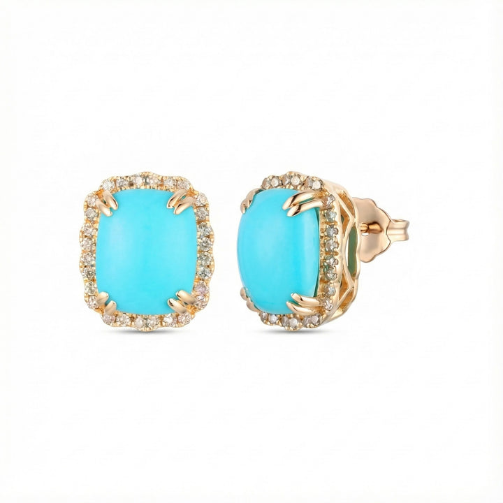 Turquoise & Diamond Halo Stud Earrings | 14K Yellow Gold | 4.70 ct Turquoise | 0.32 ctw Diamond - Brownee Jewelers