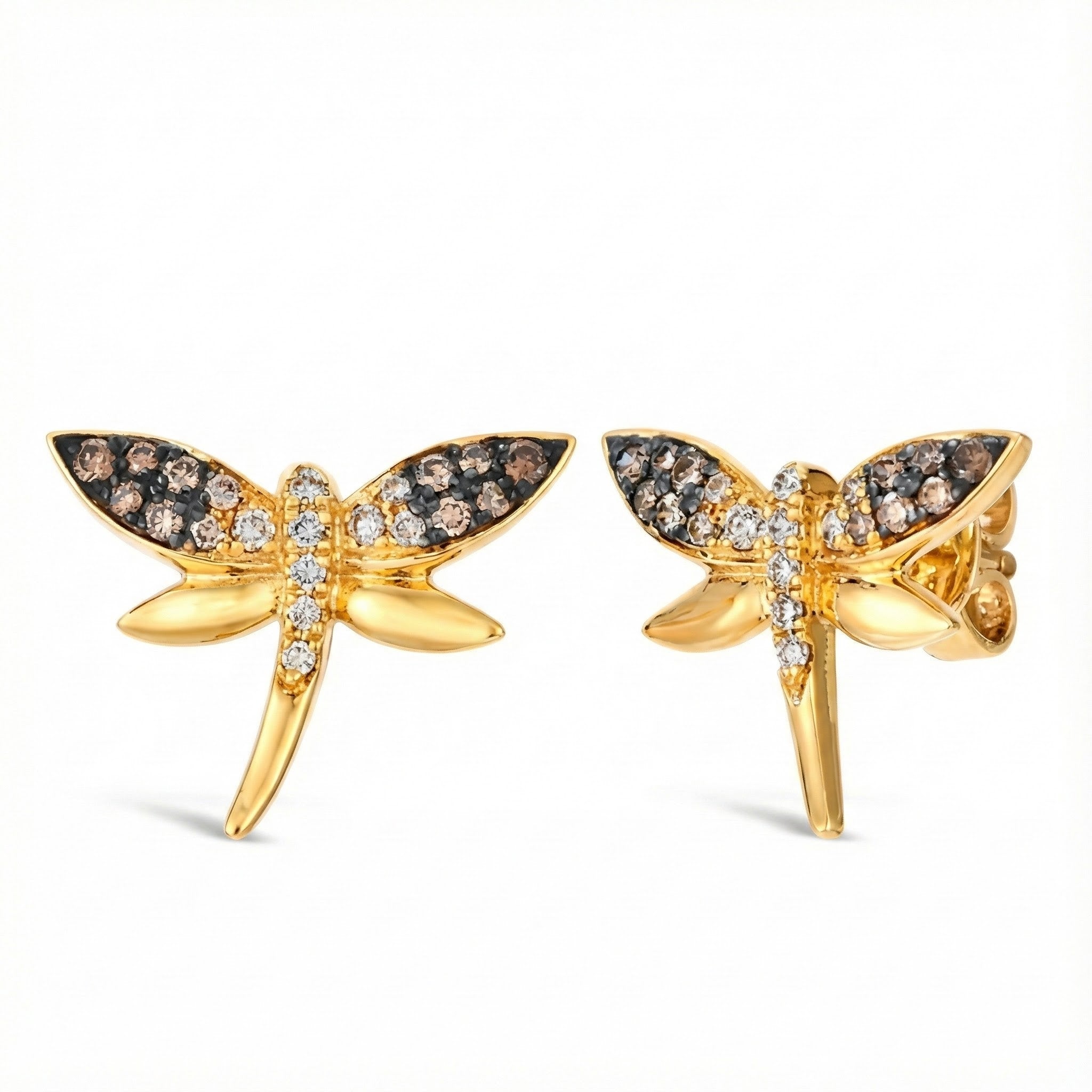 Le Vian® 14K Honey Gold™ Dragonfly Earrings with Chocolate Ombré® & Nude Diamonds™ (.36ctw) Bring whimsical elegance to your jewelry collection with these Le Vian® dragonfly stud earrings, crafted in rich 14K Honey Gold™