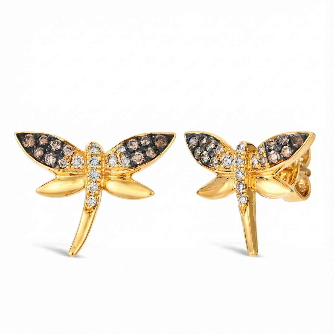 Le Vian® 14K Honey Gold™ Dragonfly Earrings with Chocolate Ombré® & Nude Diamonds™ (.36ctw) Bring whimsical elegance to your jewelry collection with these Le Vian® dragonfly stud earrings, crafted in rich 14K Honey Gold™