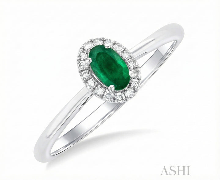 Emerald & Diamond Halo Ring, 0.07 ctw | 10K White Gold | - Brownee Jewelers