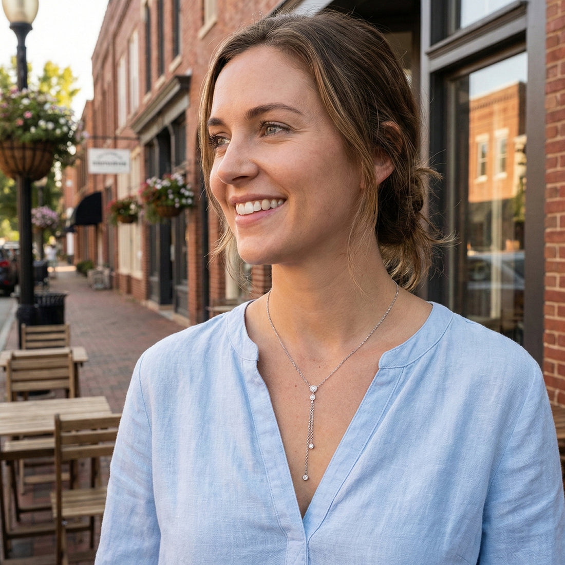 SHY CREATION | DIAMOND LARIAT NECKLACE | 14K WHITE GOLD | 0.13 CTW | SC55011549 - Brownee Jewelers