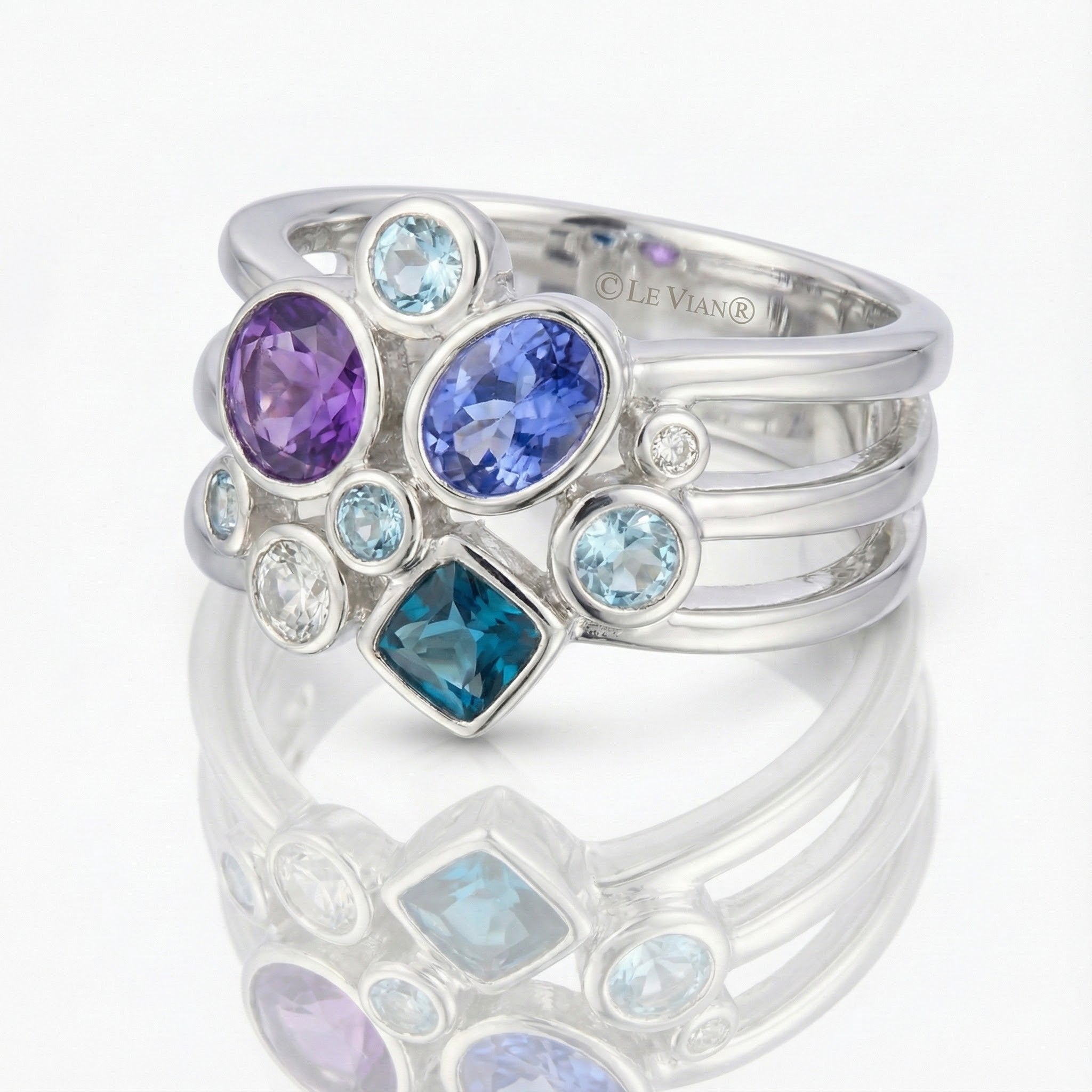 Multi-Gemstone & Diamond Ring | 14K White Gold | Amethyst, Blue Topaz & Tanzanite - Brownee Jewelers