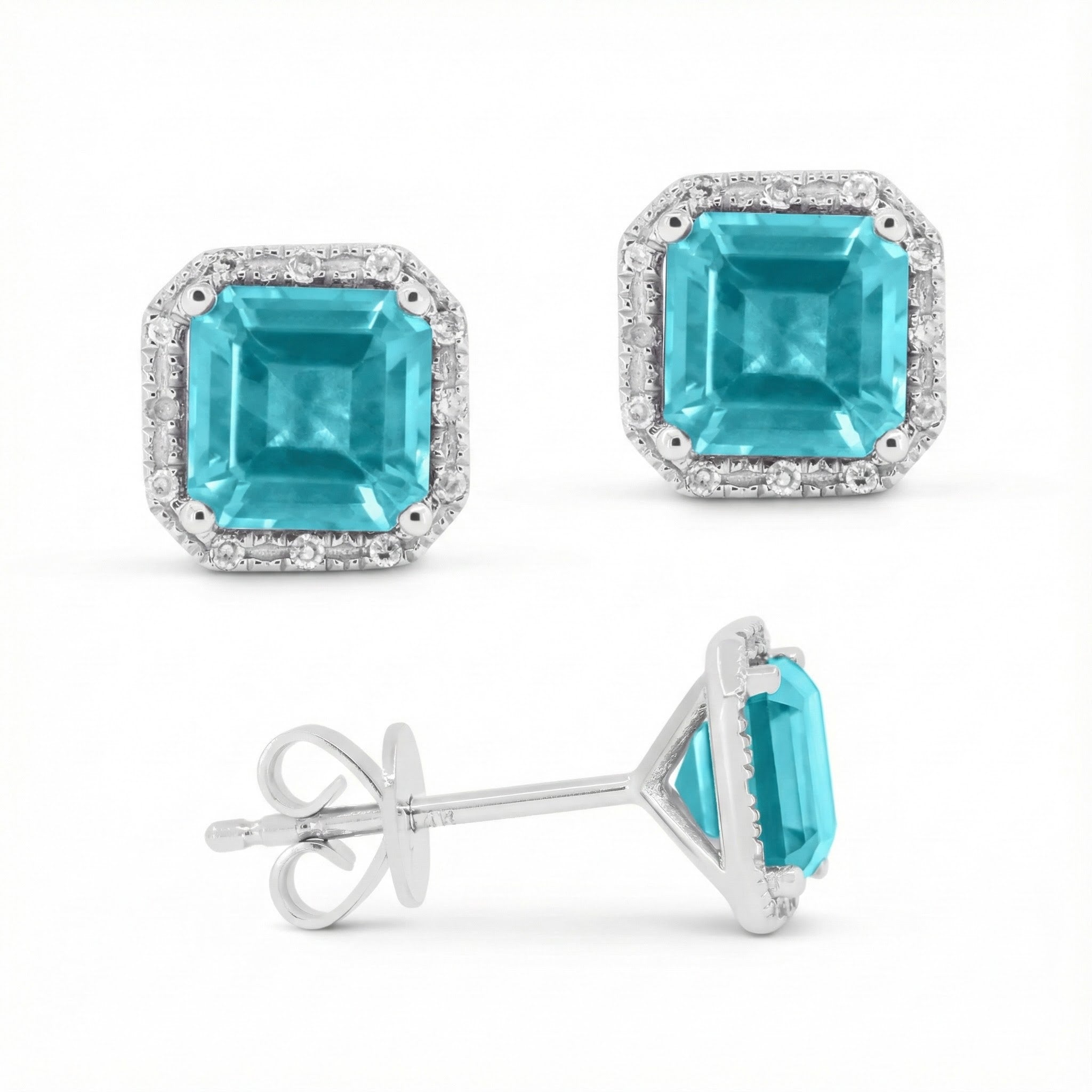 Madison L | Lab-Created Paraiba Tourmaline & Diamond Halo Stud Earrings | 14K White Gold | Square Studs - Brownee Jewelers