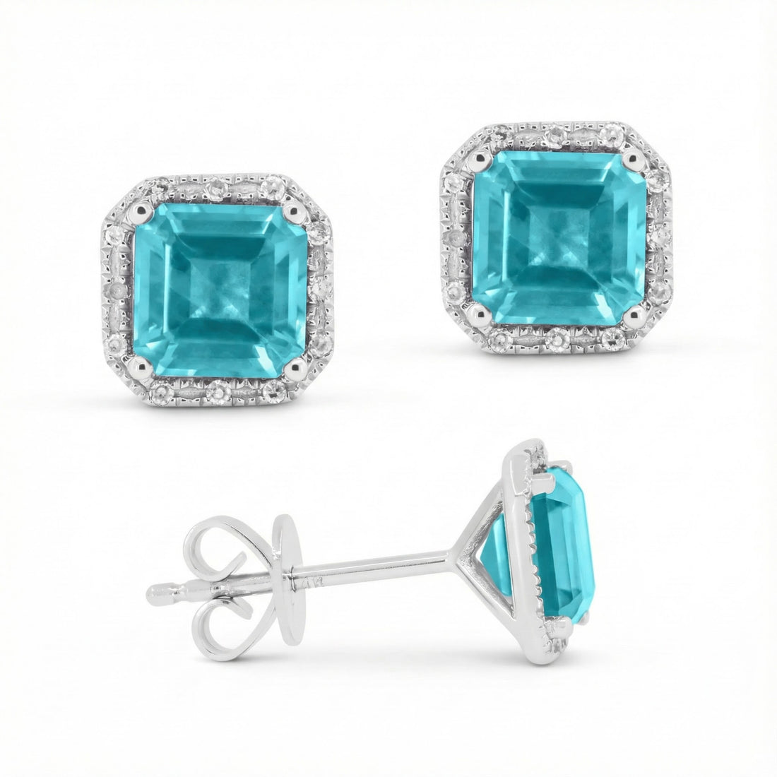 Madison L | Lab-Created Paraiba Tourmaline & Diamond Halo Stud Earrings | 14K White Gold | Square Studs - Brownee Jewelers