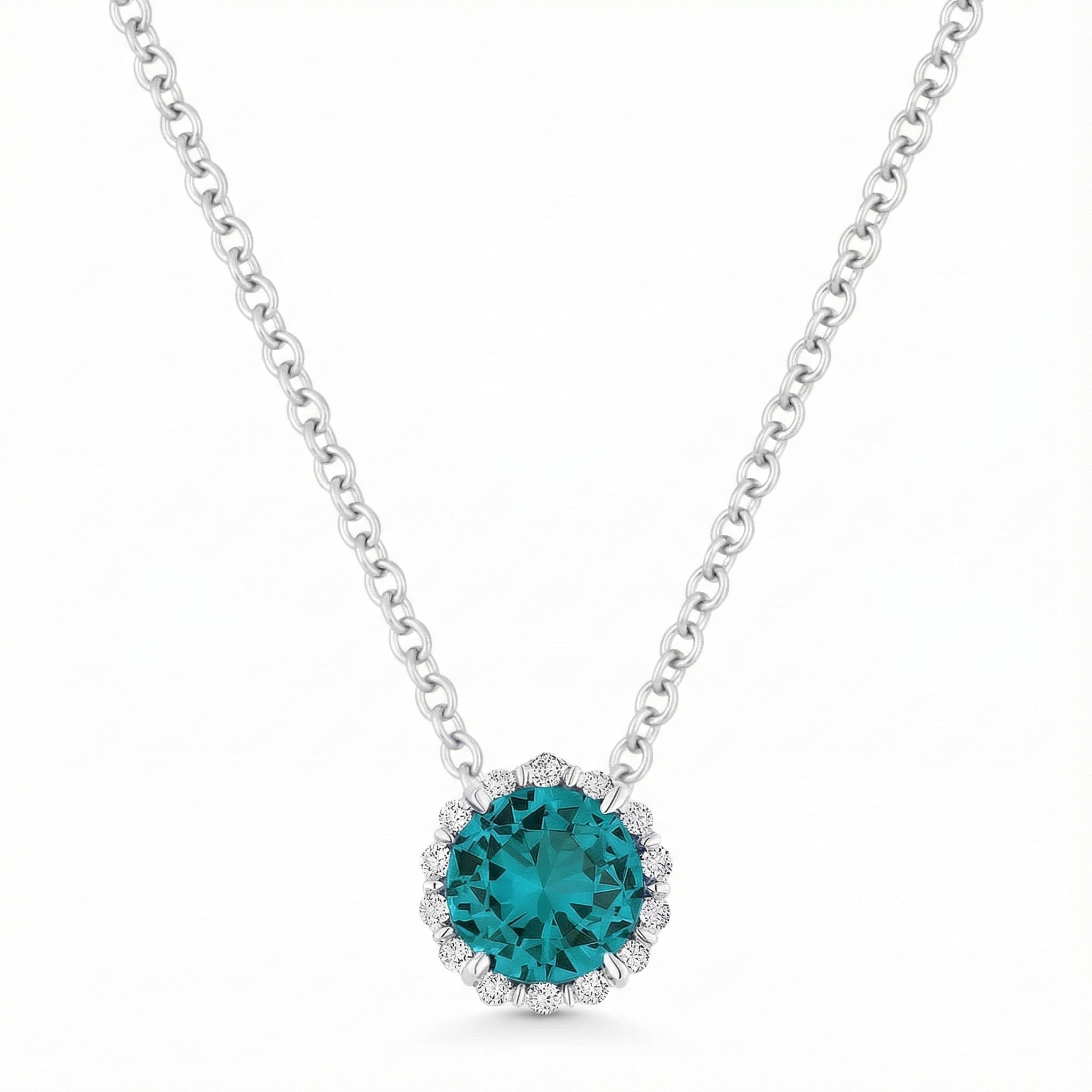 Madison L | Round Created Tourmaline & Diamond Halo Slide Pendant | 14K White Gold | Gemstone Necklace - Brownee Jewelers